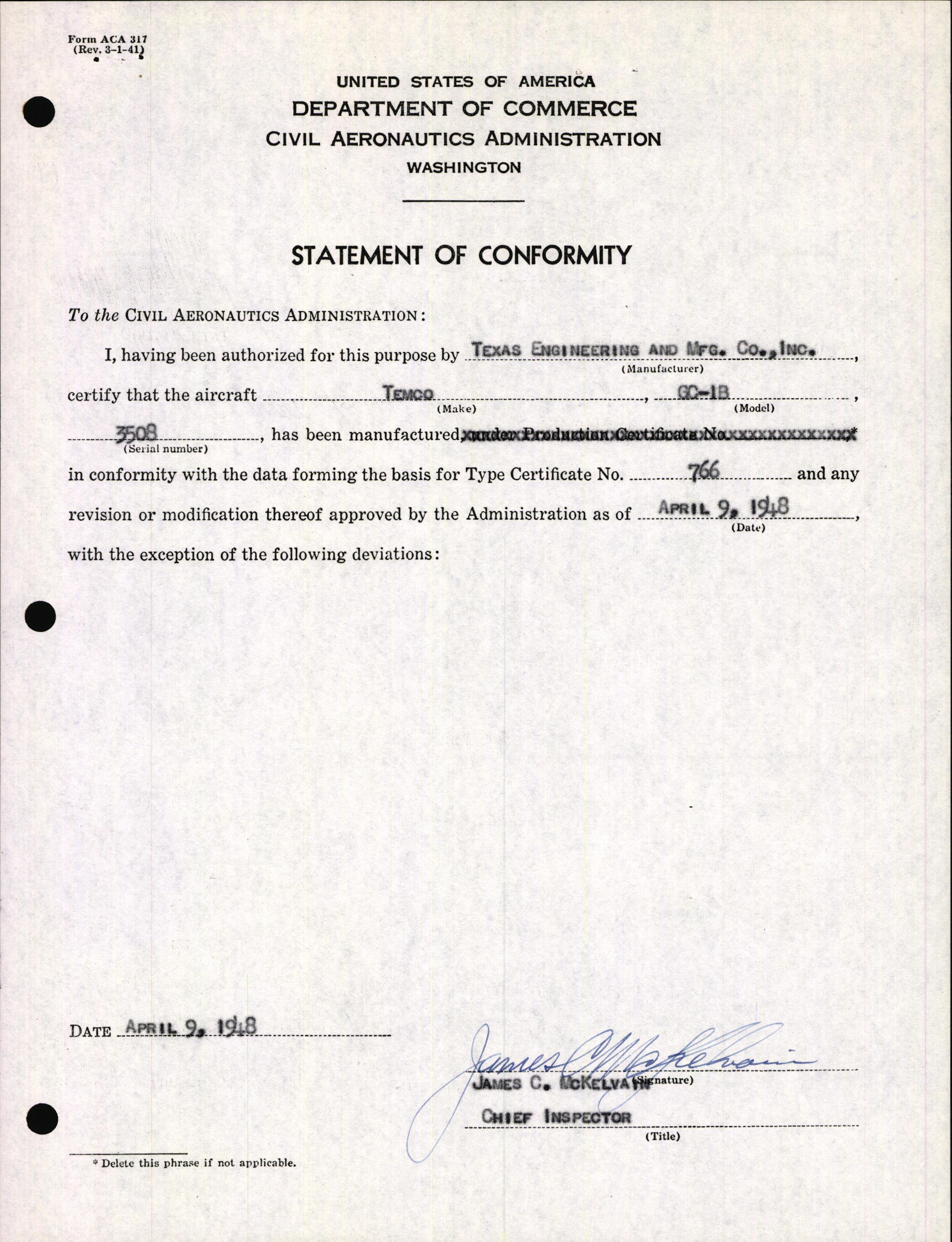 Sample page 3 from AirCorps Library document: Technical Information for Serial Number 3508