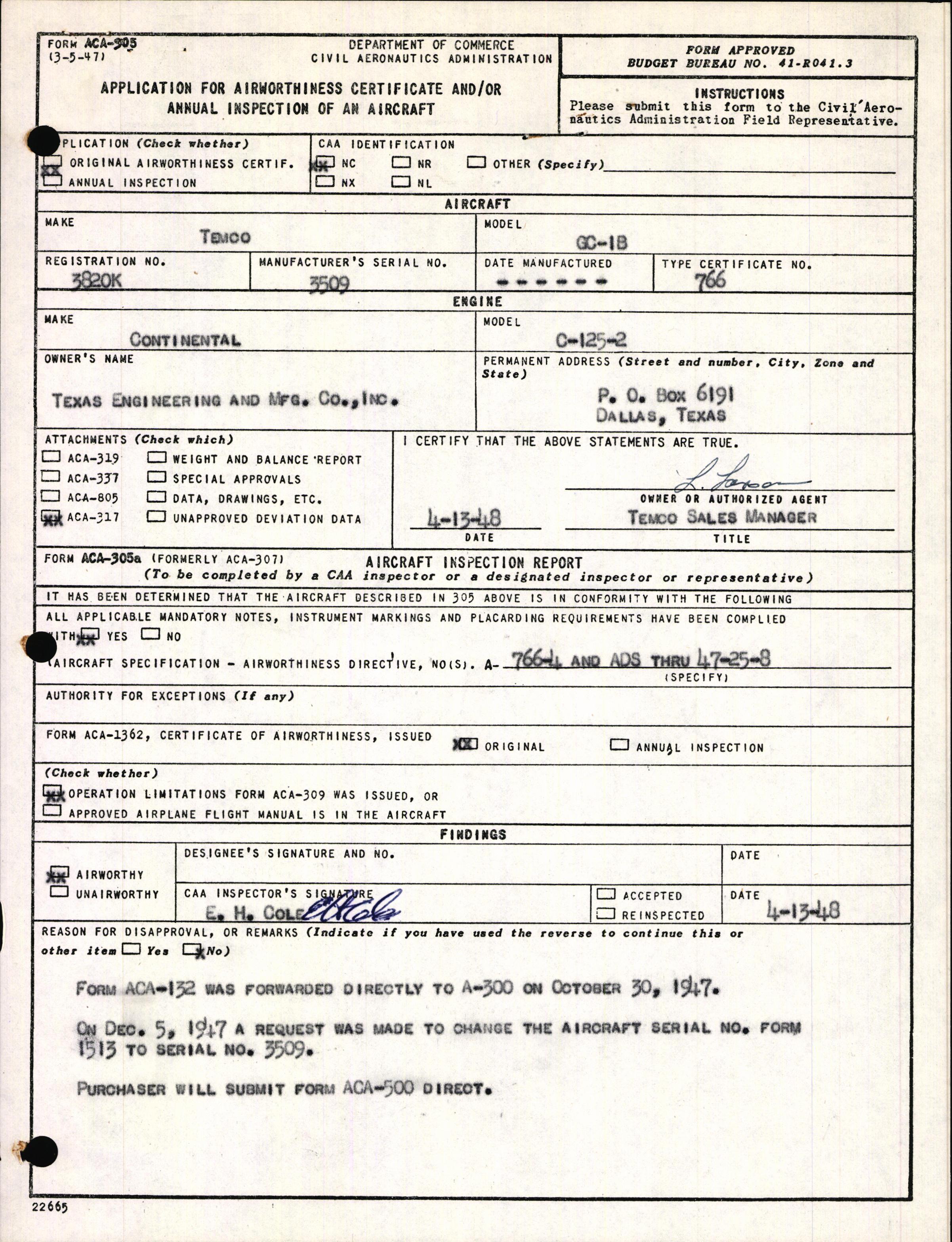 Sample page 1 from AirCorps Library document: Technical Information for Serial Number 3509