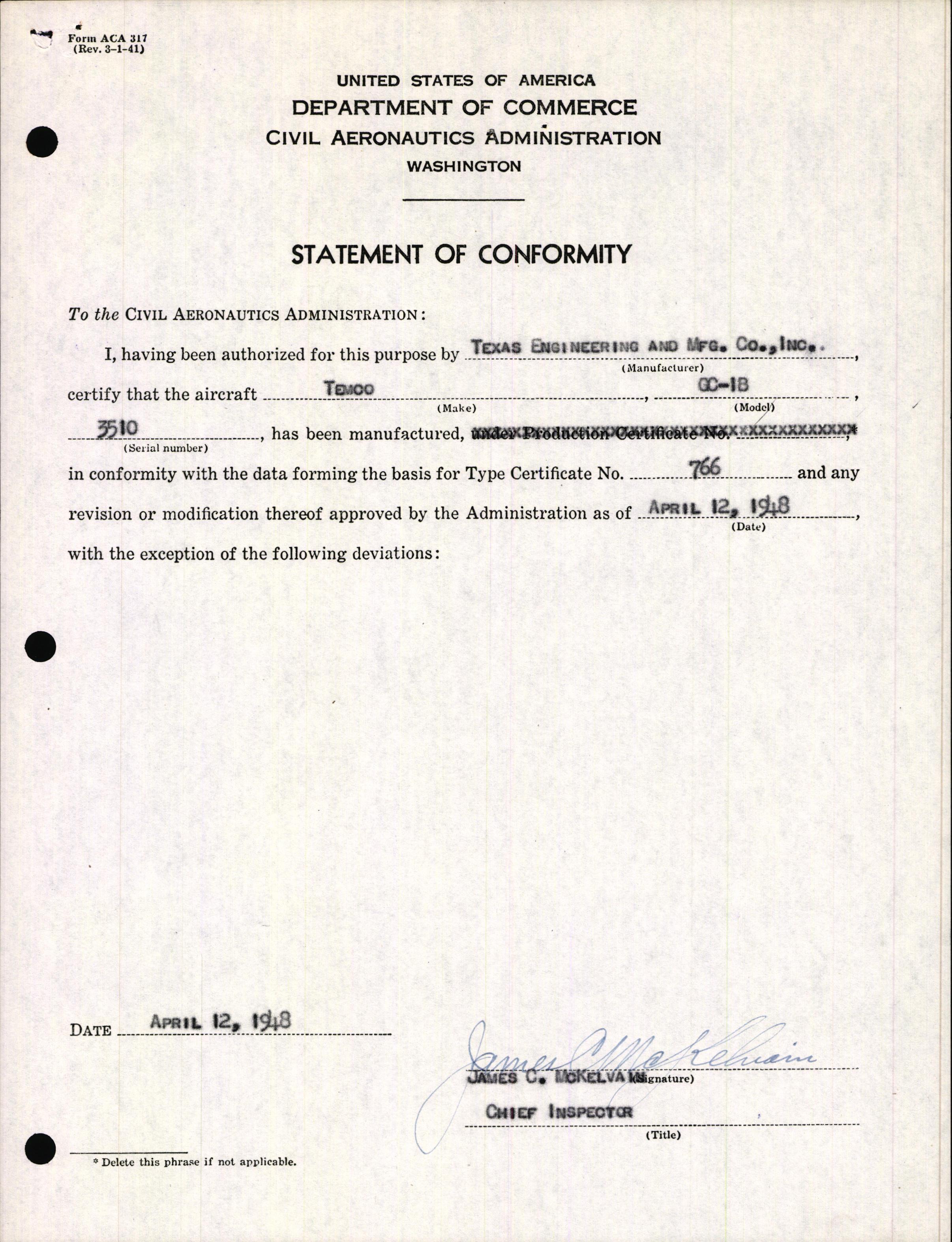 Sample page 3 from AirCorps Library document: Technical Information for Serial Number 3510