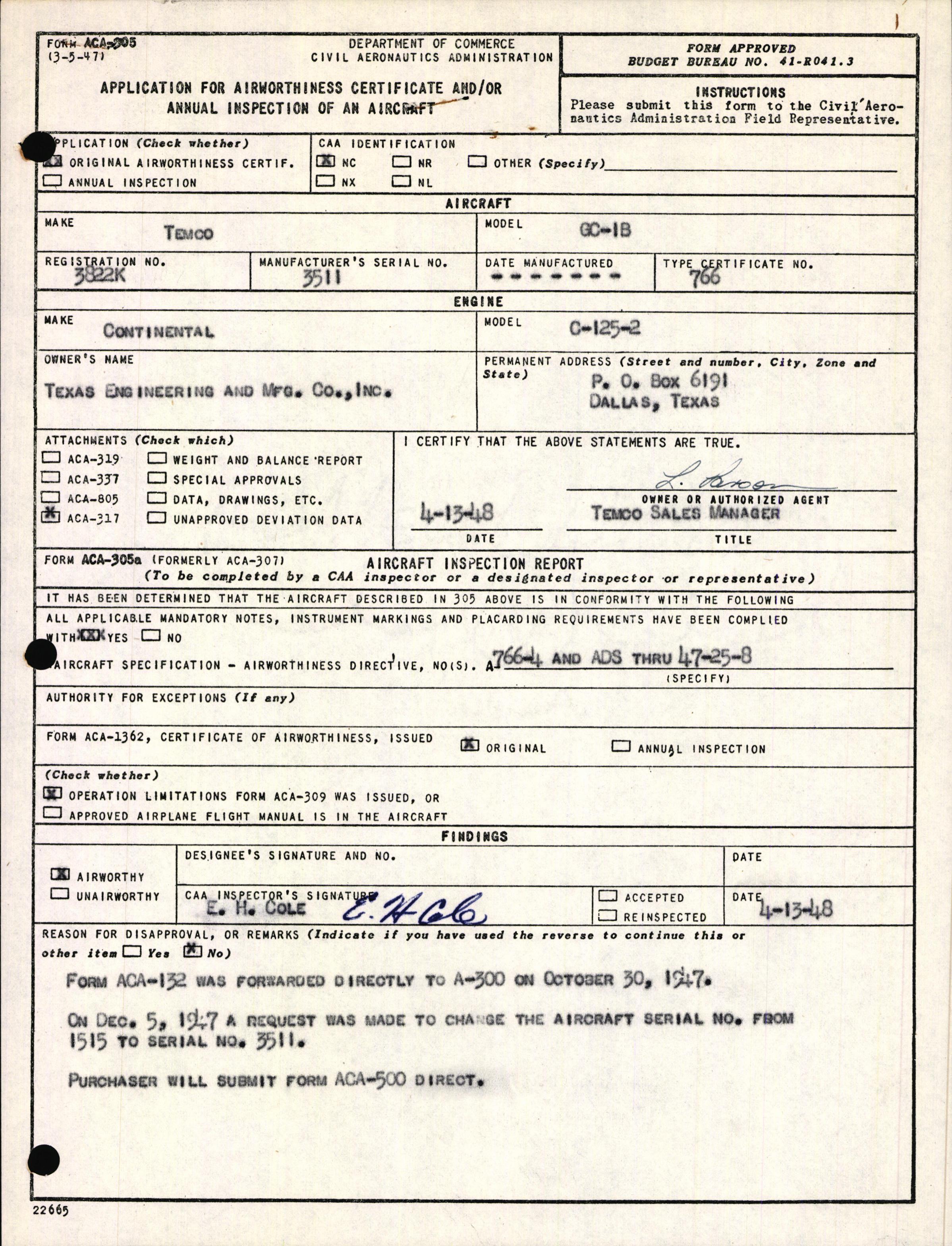 Sample page 1 from AirCorps Library document: Technical Information for Serial Number 3511