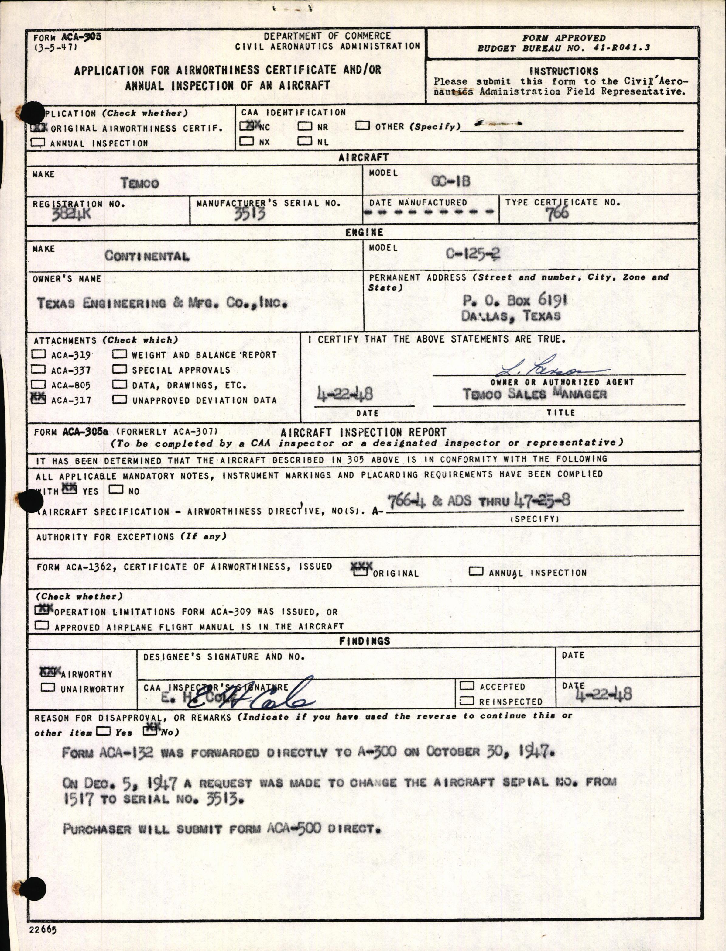 Sample page 1 from AirCorps Library document: Technical Information for Serial Number 3513