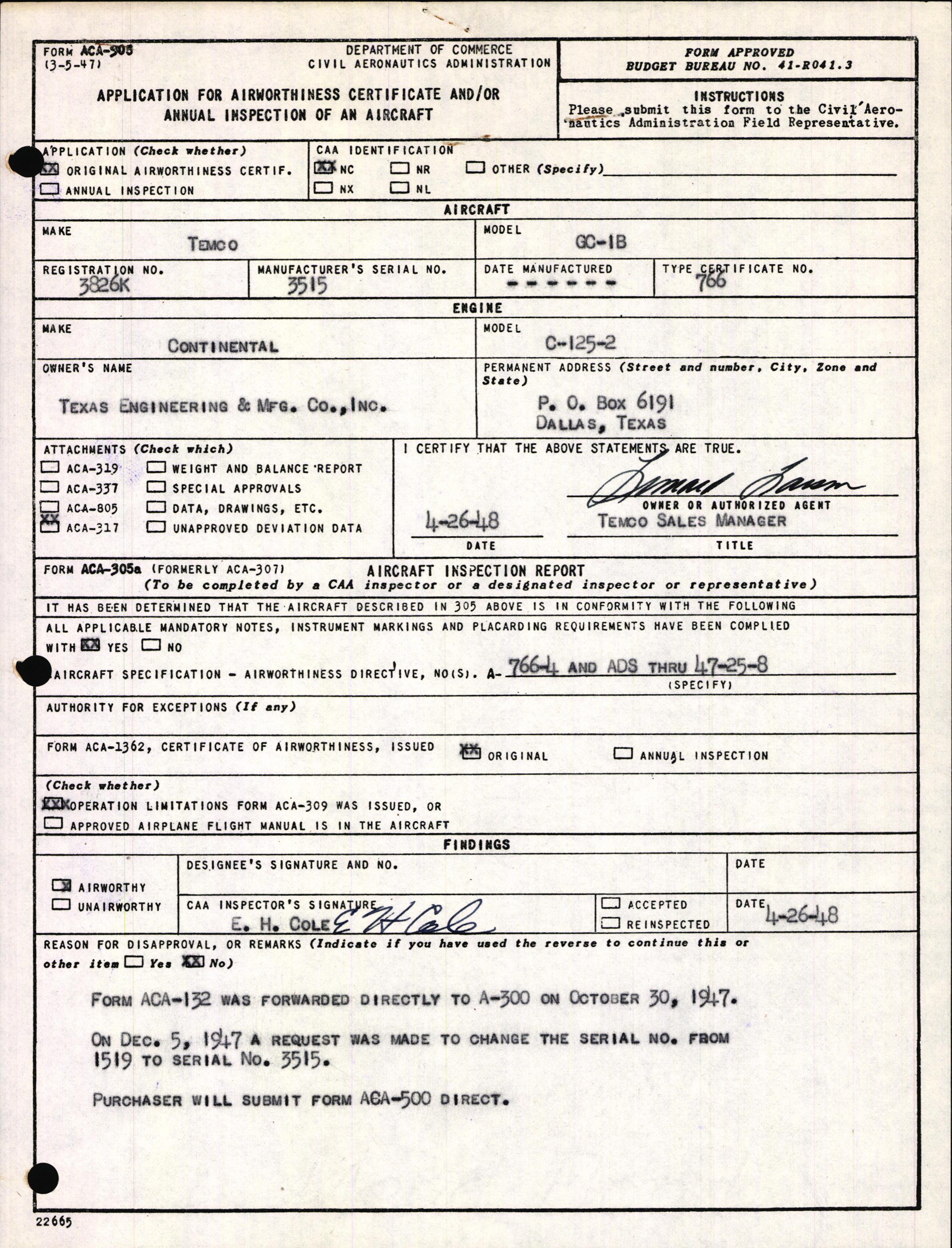 Sample page 1 from AirCorps Library document: Technical Information for Serial Number 3515