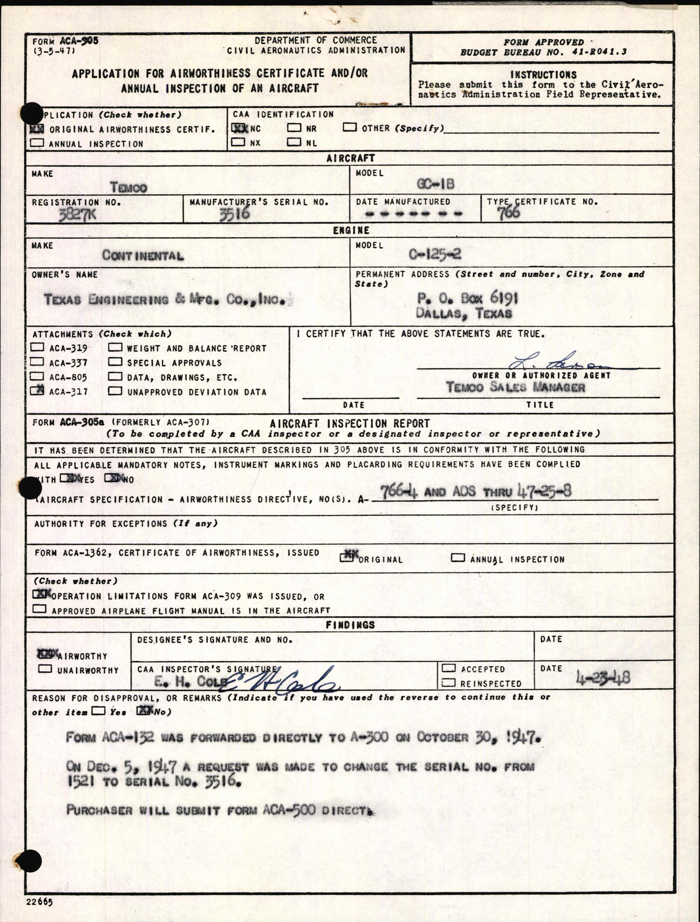 Sample page 1 from AirCorps Library document: Technical Information for Serial Number 3516