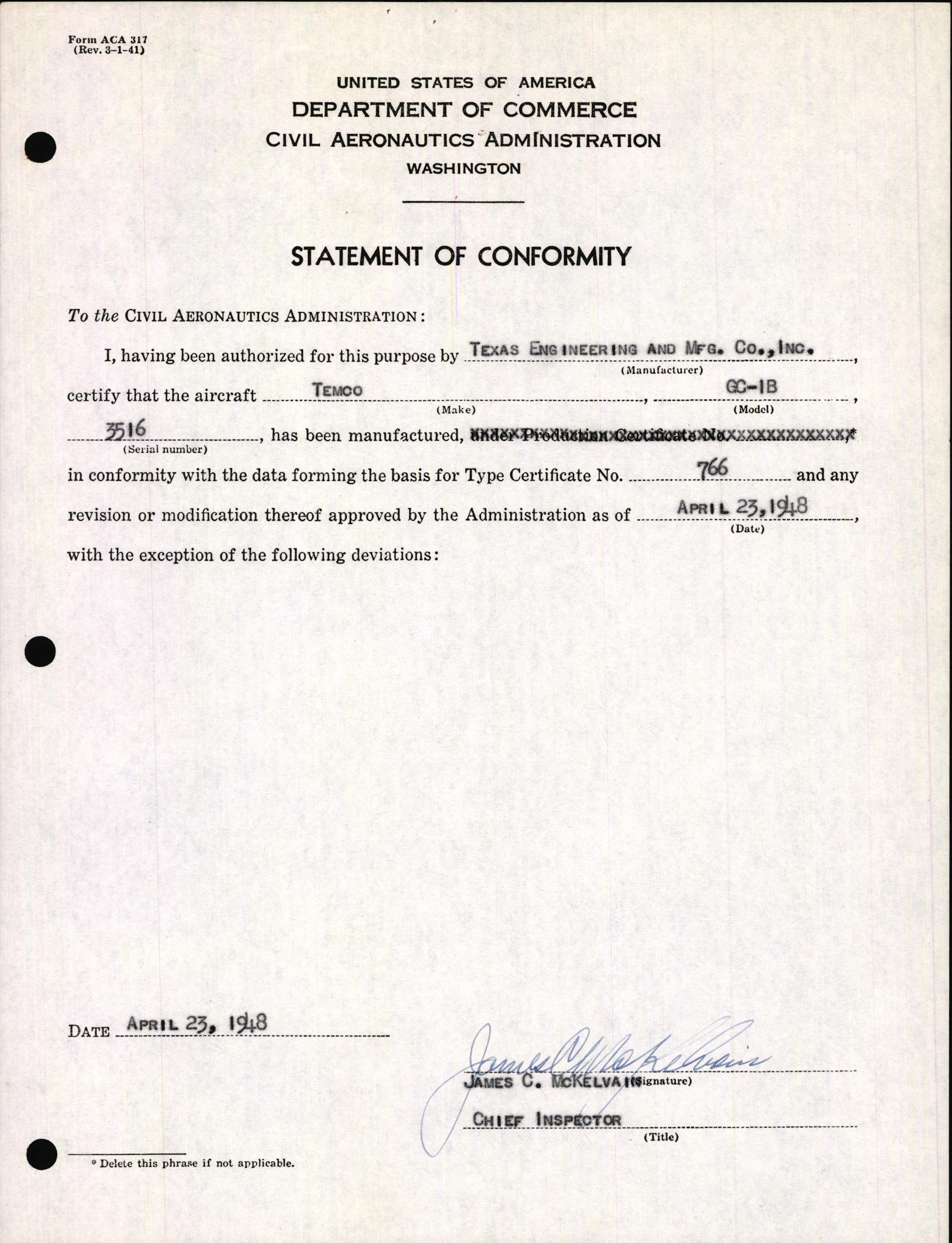 Sample page 3 from AirCorps Library document: Technical Information for Serial Number 3516