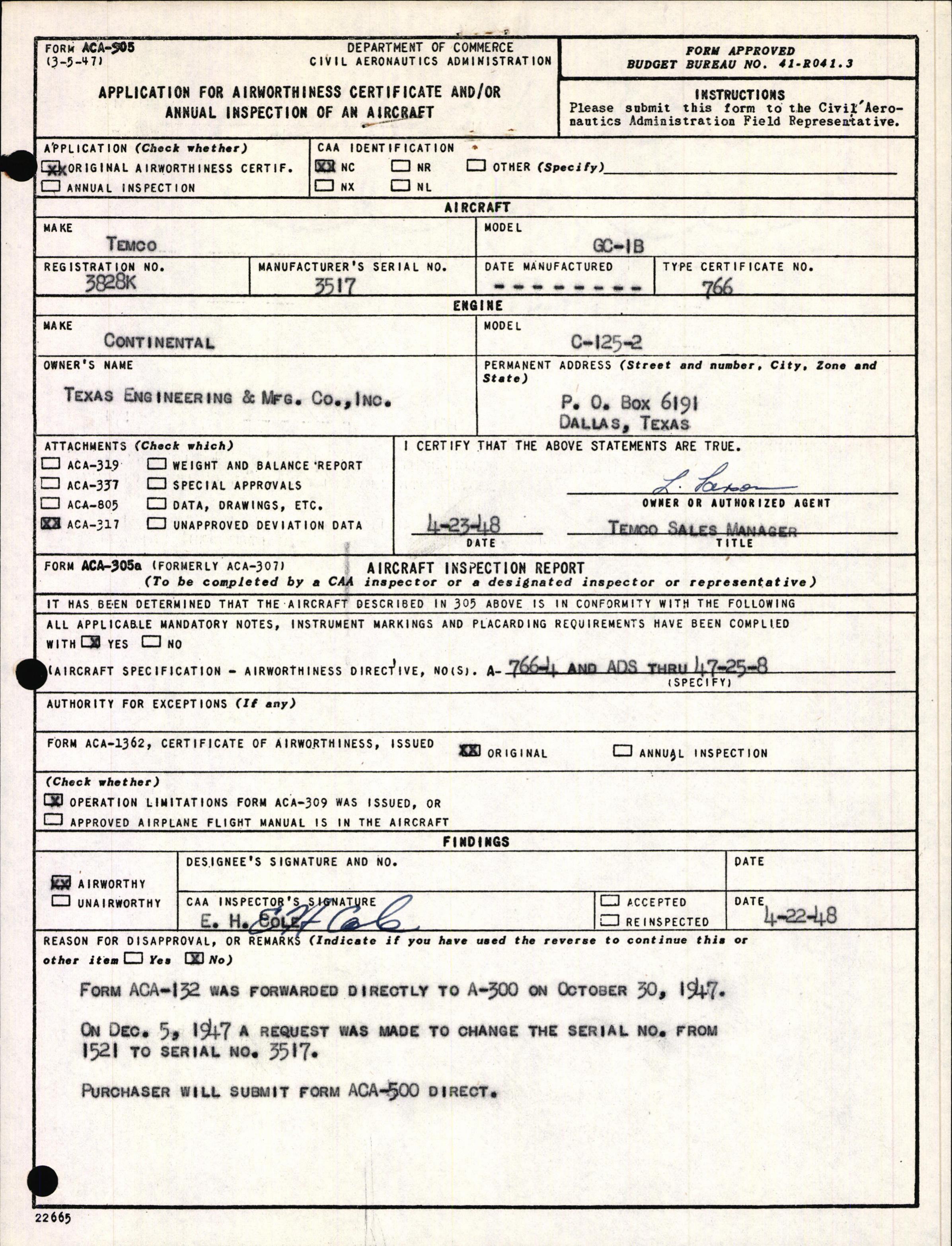 Sample page 1 from AirCorps Library document: Technical Information for Serial Number 3517