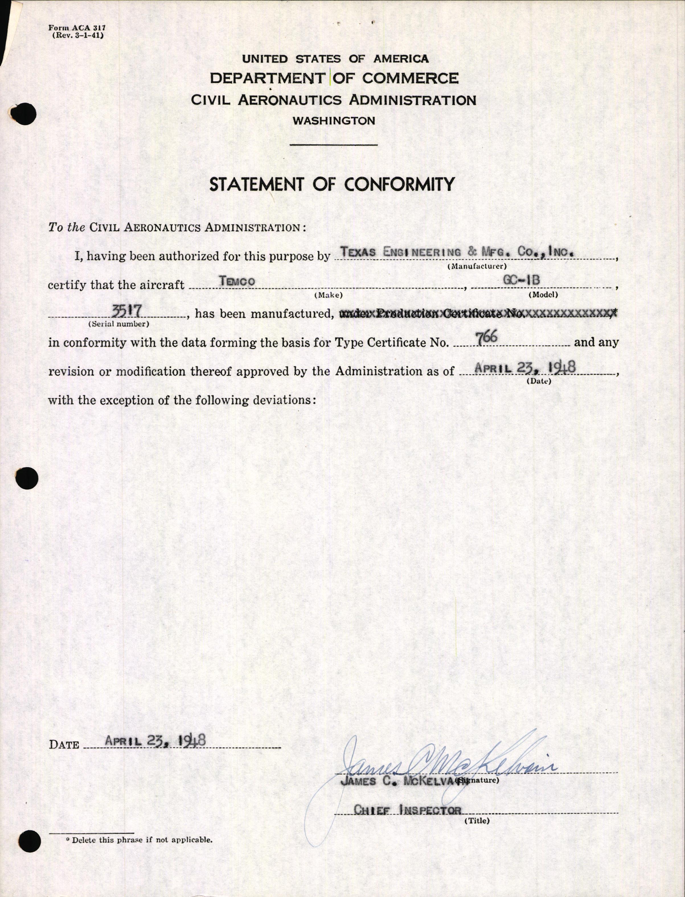 Sample page 3 from AirCorps Library document: Technical Information for Serial Number 3517