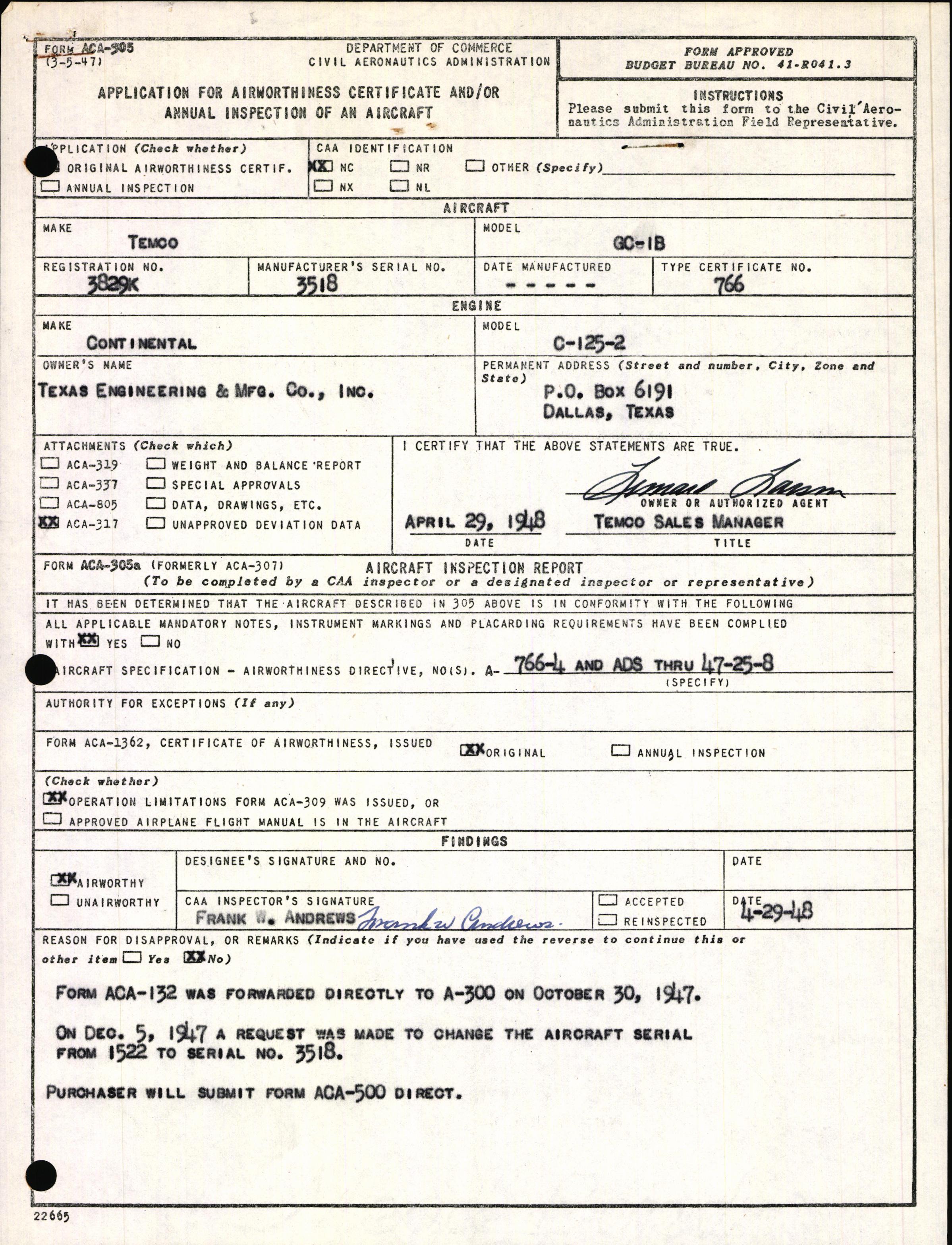 Sample page 1 from AirCorps Library document: Technical Information for Serial Number 3518