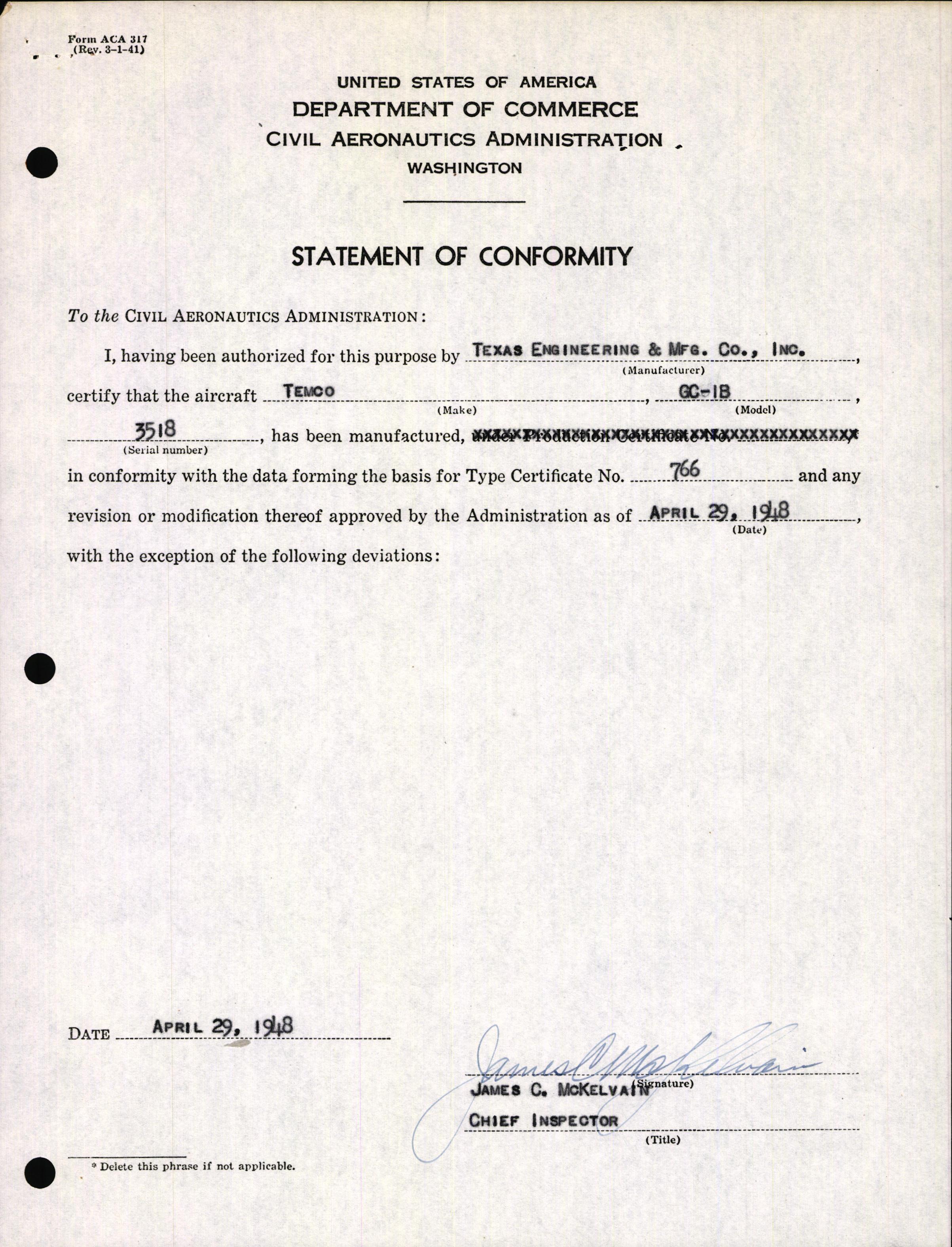 Sample page 3 from AirCorps Library document: Technical Information for Serial Number 3518