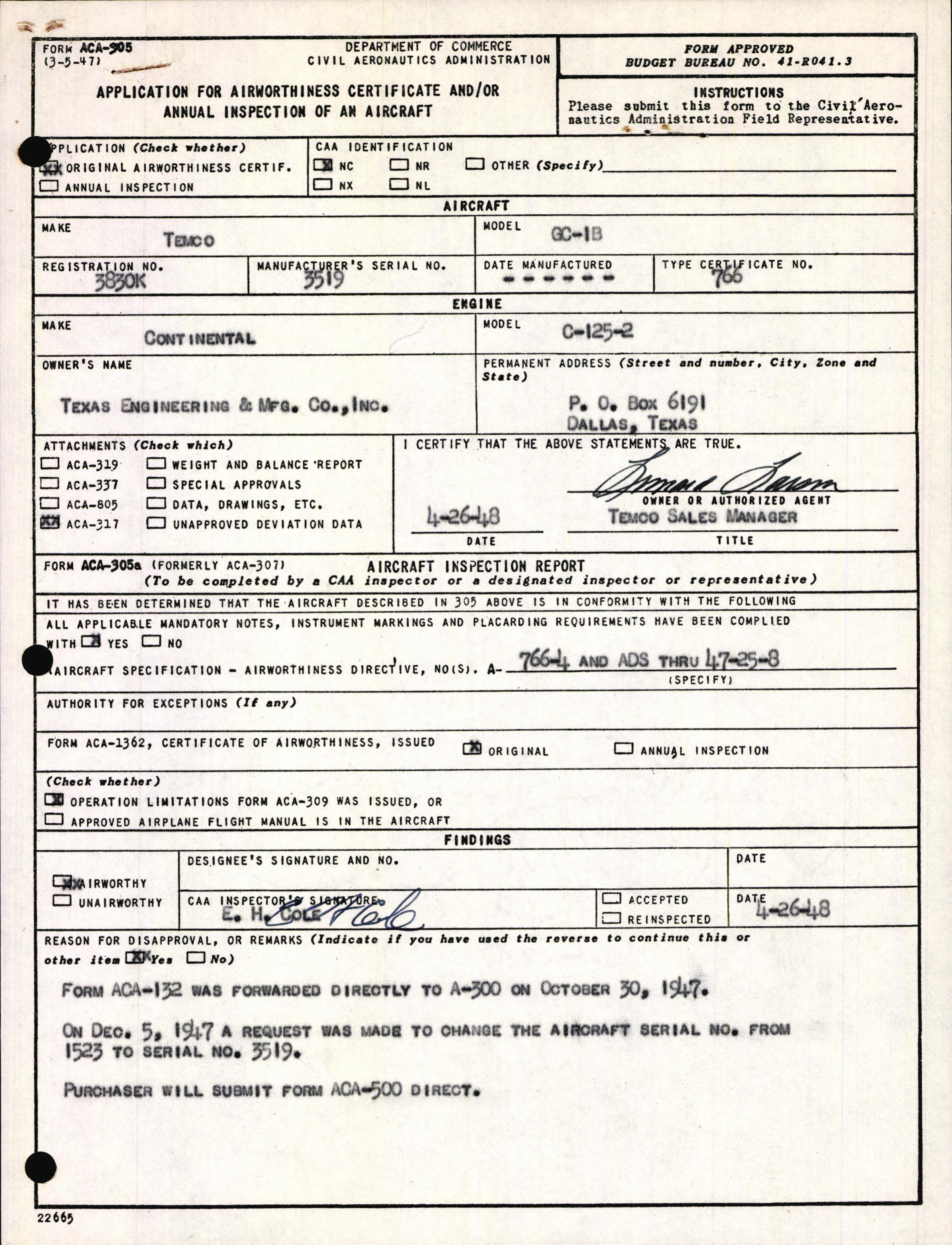 Sample page 1 from AirCorps Library document: Technical Information for Serial Number 3519