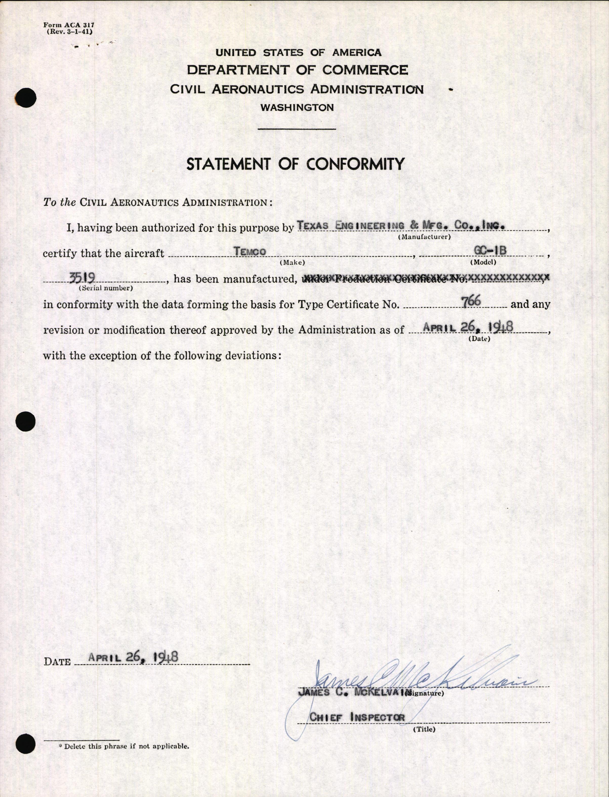 Sample page 3 from AirCorps Library document: Technical Information for Serial Number 3519