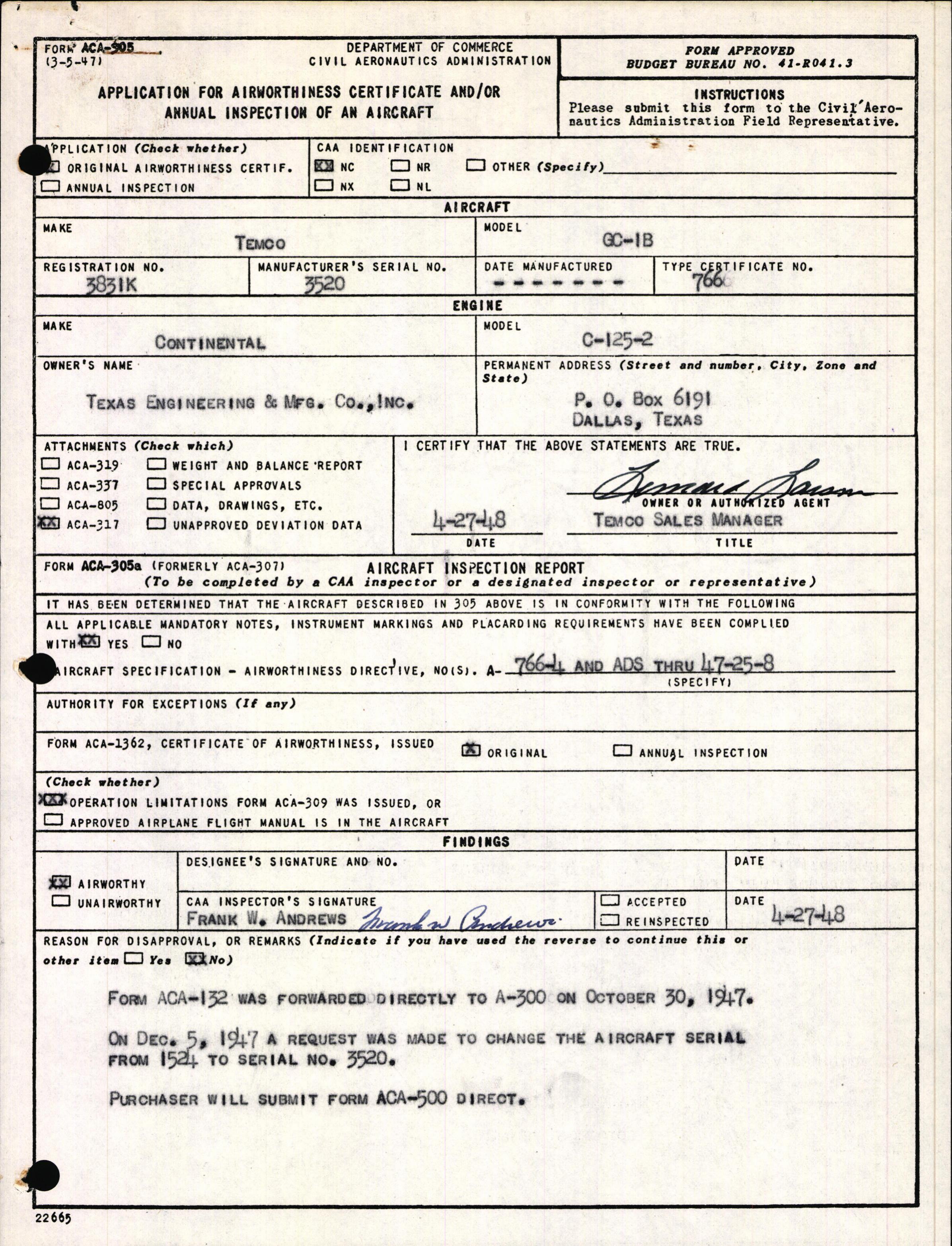 Sample page 1 from AirCorps Library document: Technical Information for Serial Number 3520