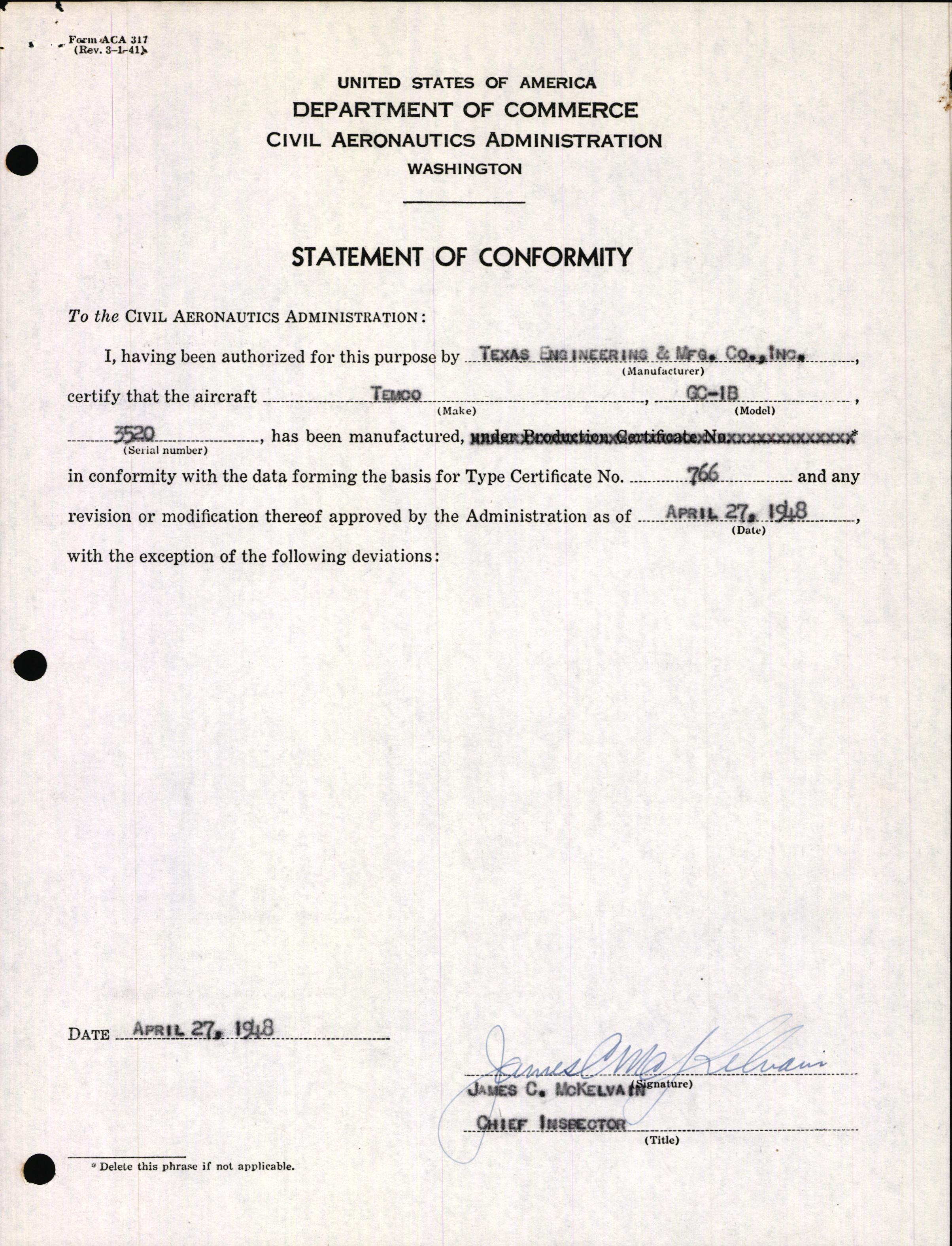 Sample page 3 from AirCorps Library document: Technical Information for Serial Number 3520