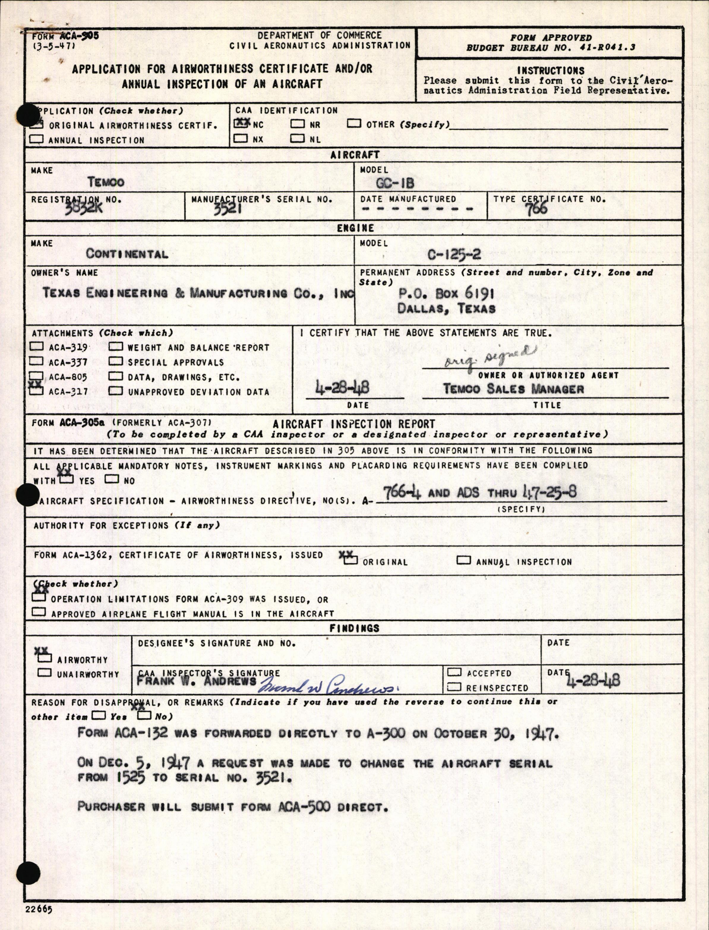 Sample page 1 from AirCorps Library document: Technical Information for Serial Number 3521