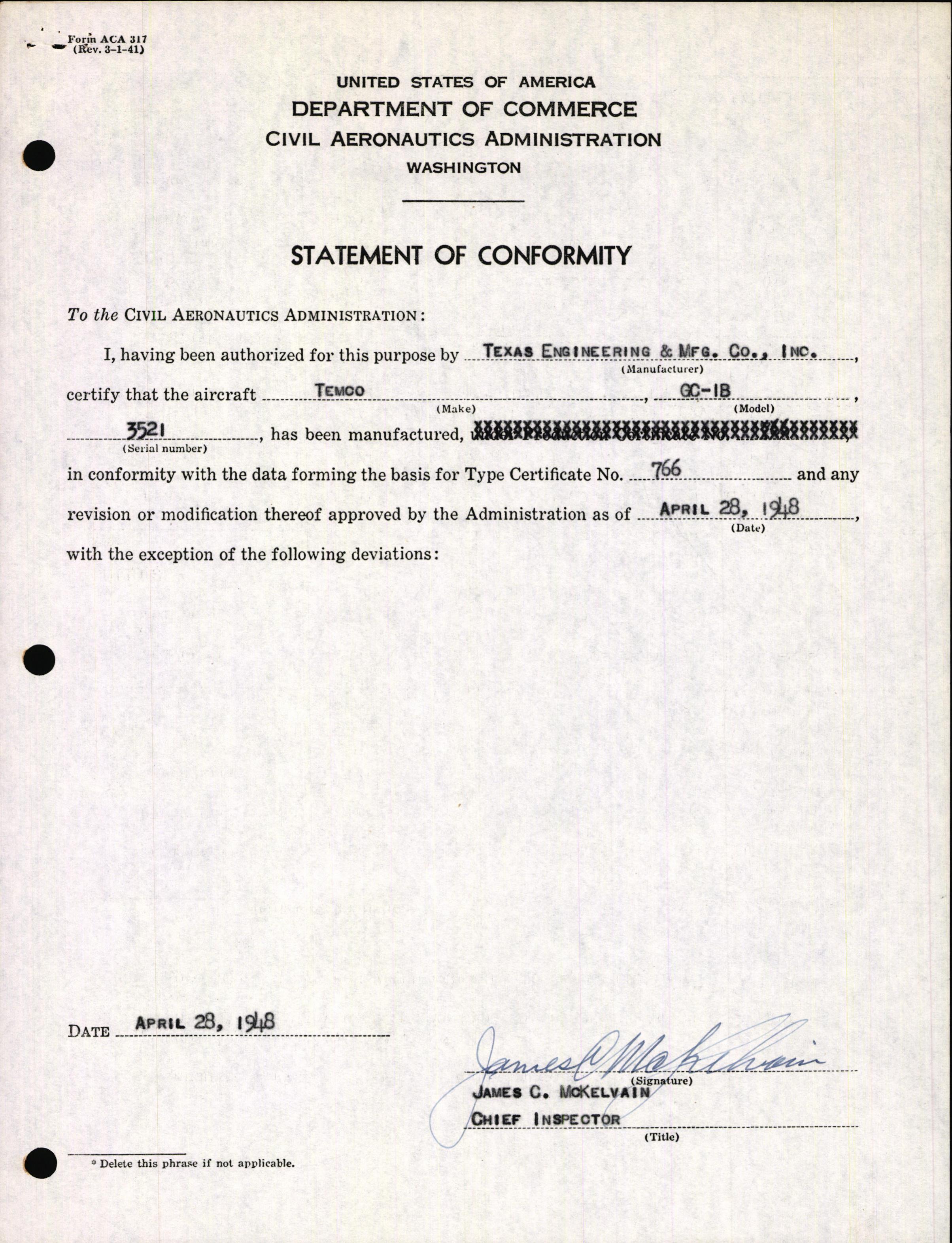 Sample page 3 from AirCorps Library document: Technical Information for Serial Number 3521