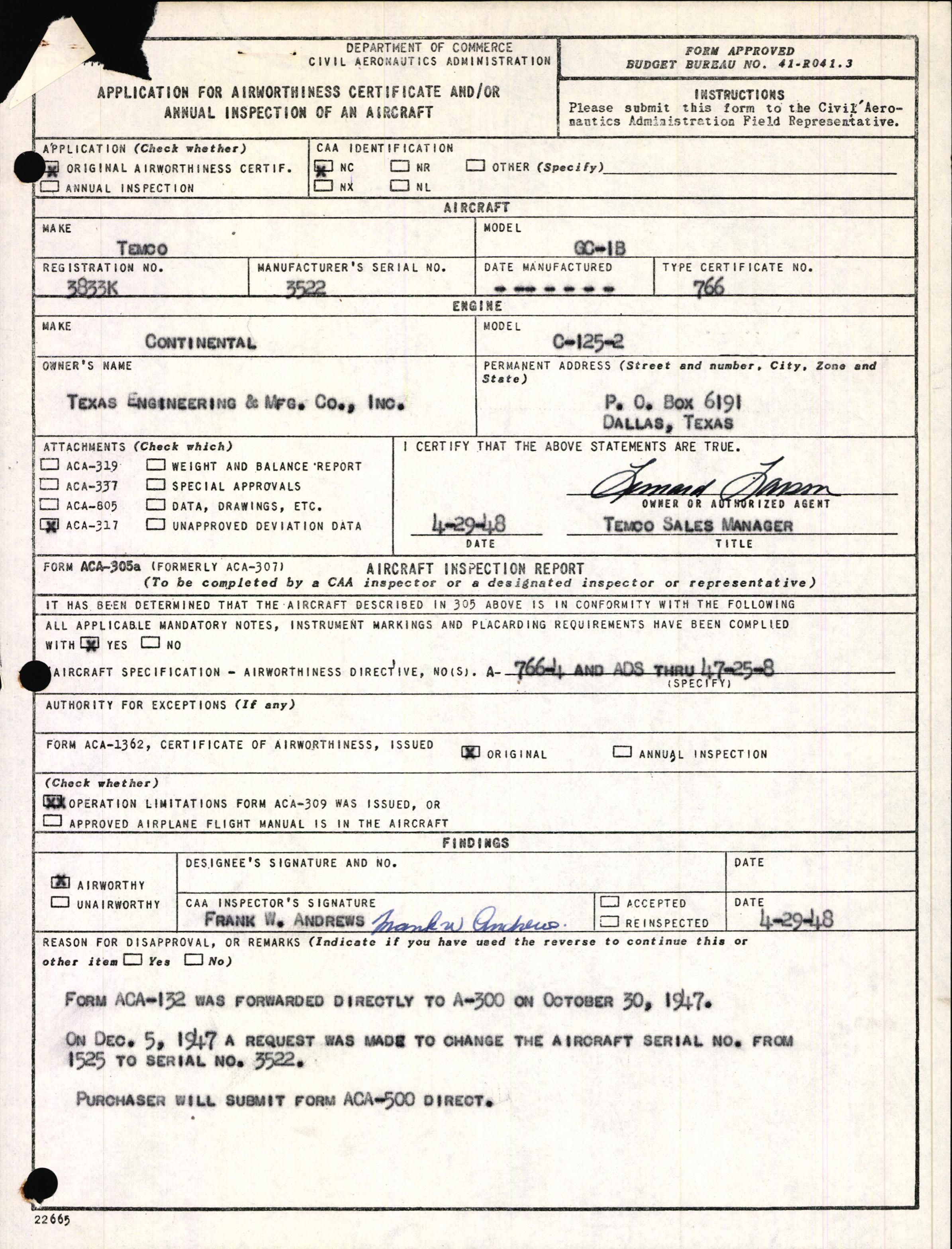 Sample page 1 from AirCorps Library document: Technical Information for Serial Number 3522