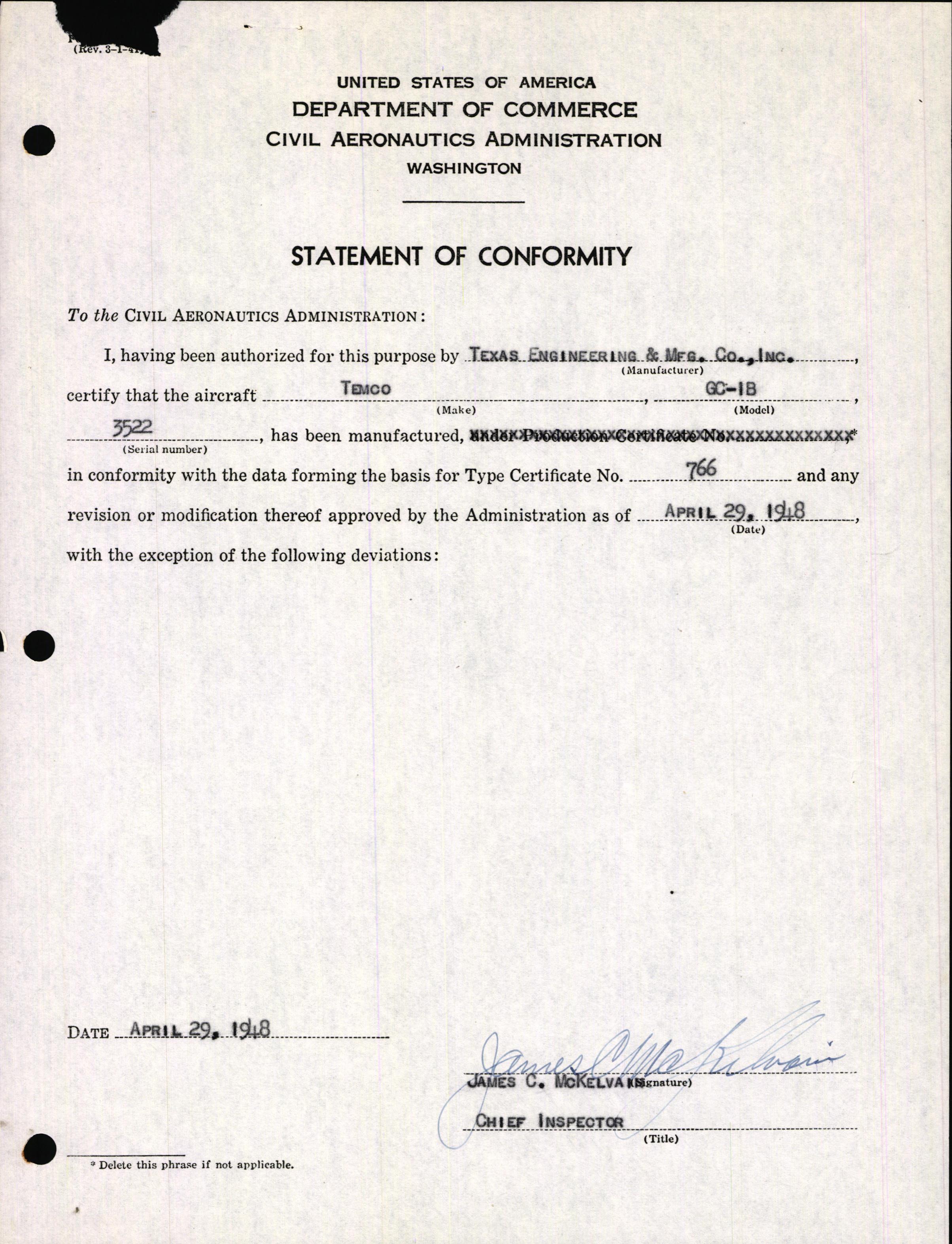 Sample page 3 from AirCorps Library document: Technical Information for Serial Number 3522