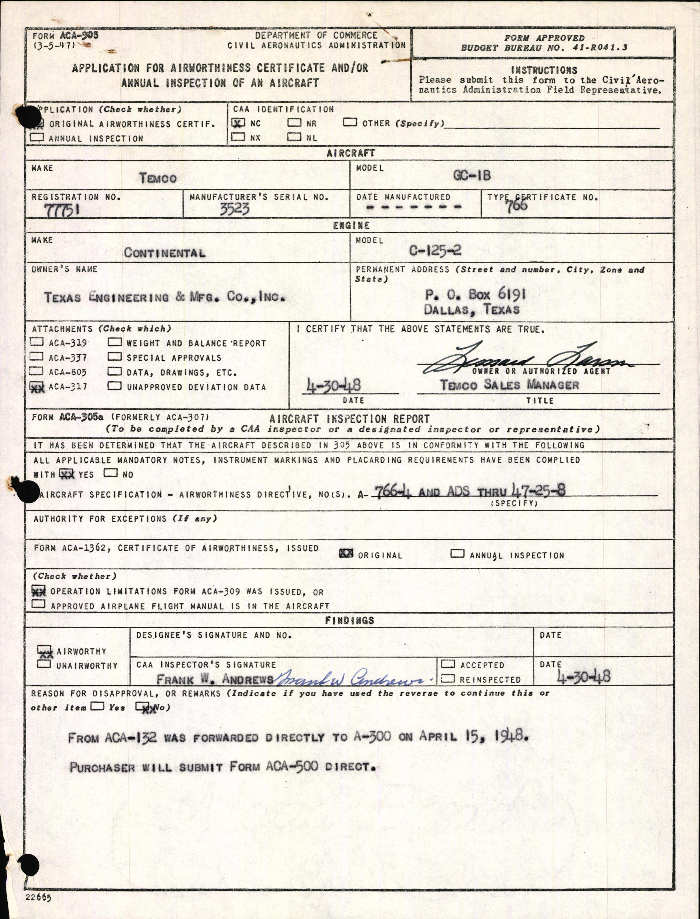 Sample page 1 from AirCorps Library document: Technical Information for Serial Number 3523