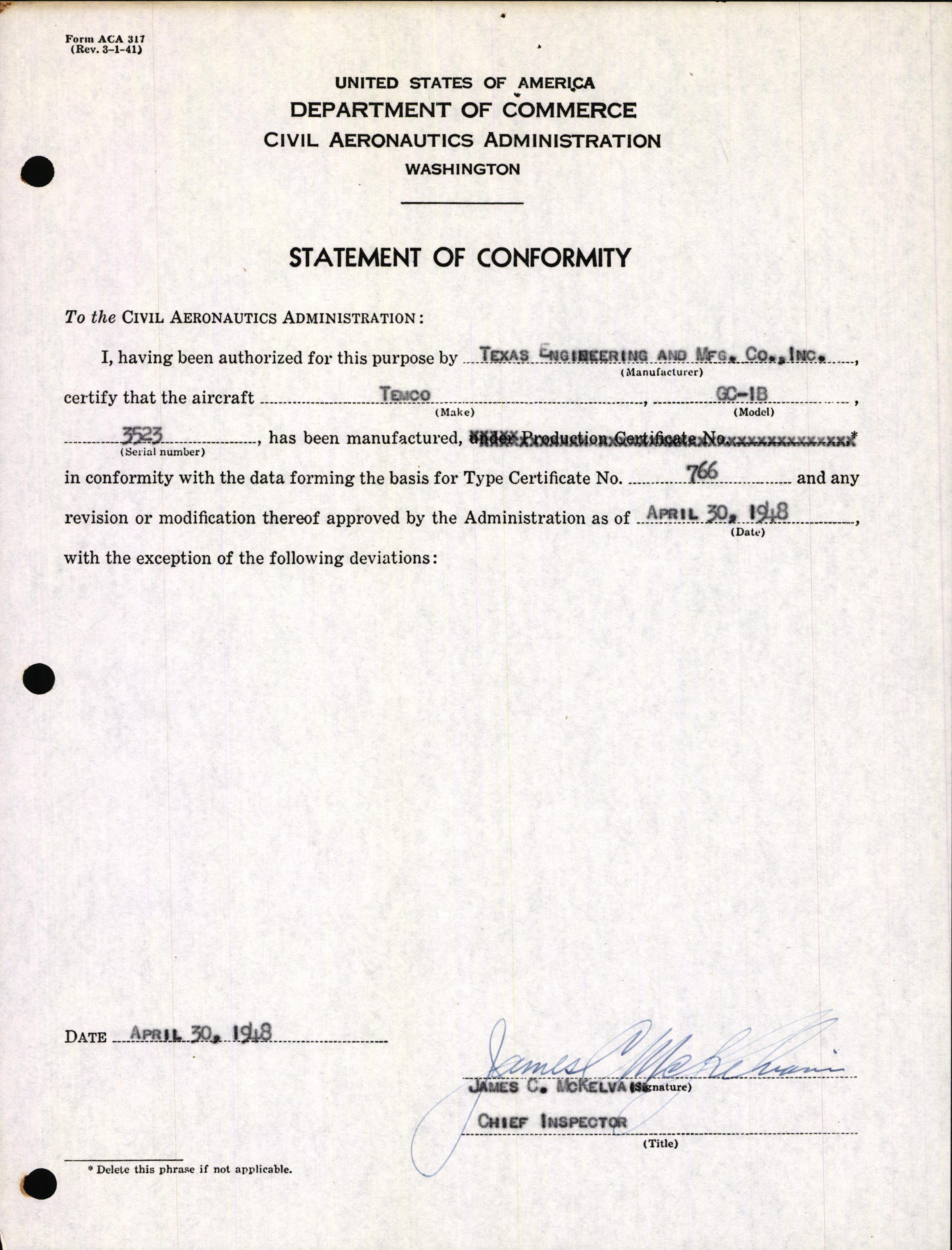 Sample page 3 from AirCorps Library document: Technical Information for Serial Number 3523