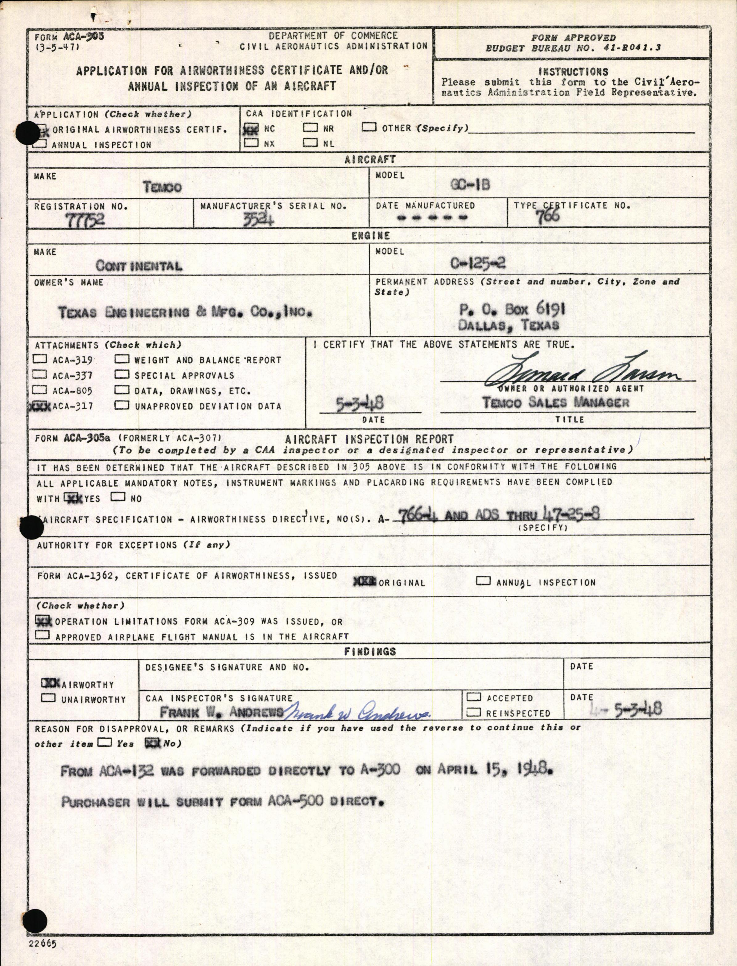 Sample page 1 from AirCorps Library document: Technical Information for Serial Number 3524