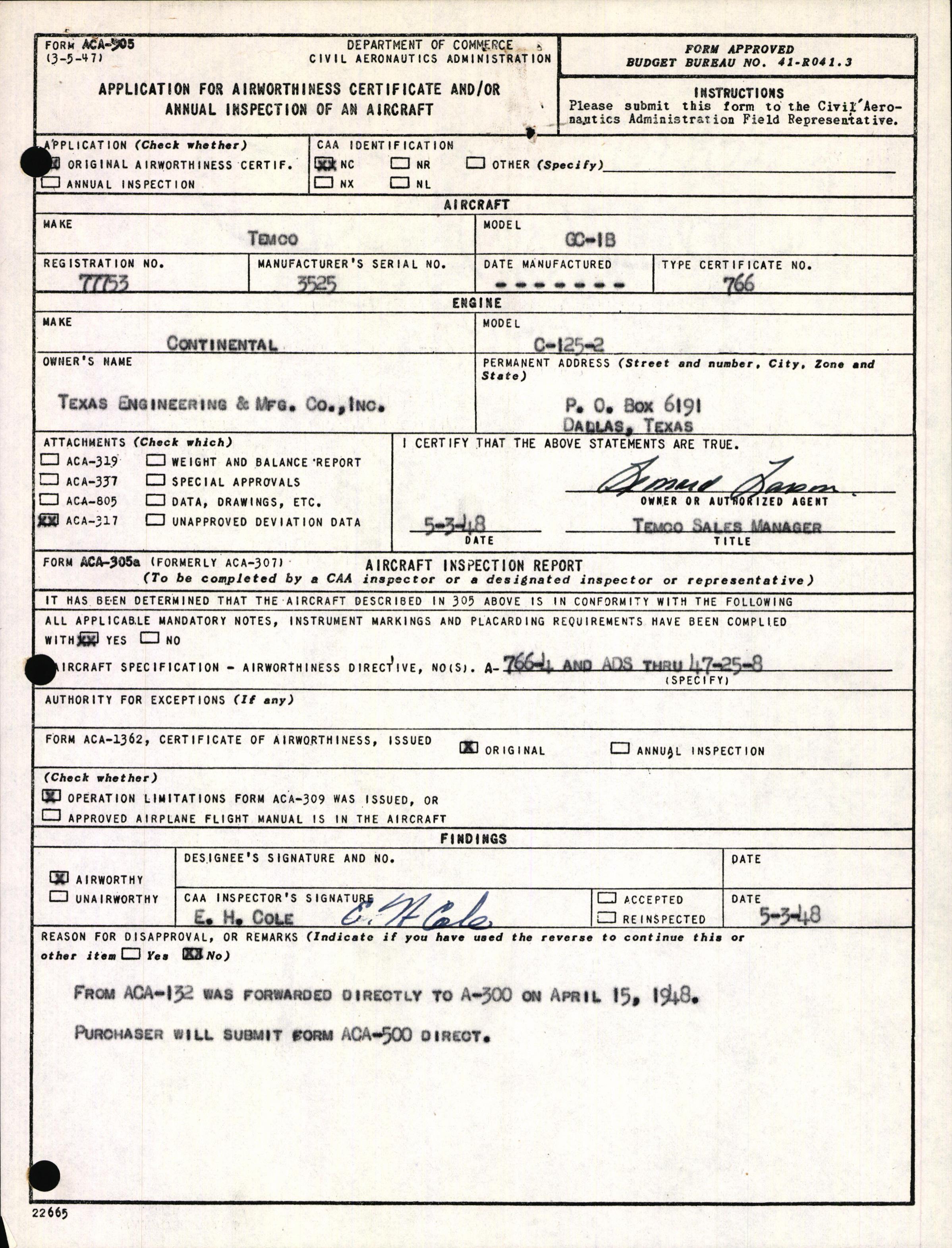 Sample page 1 from AirCorps Library document: Technical Information for Serial Number 3525