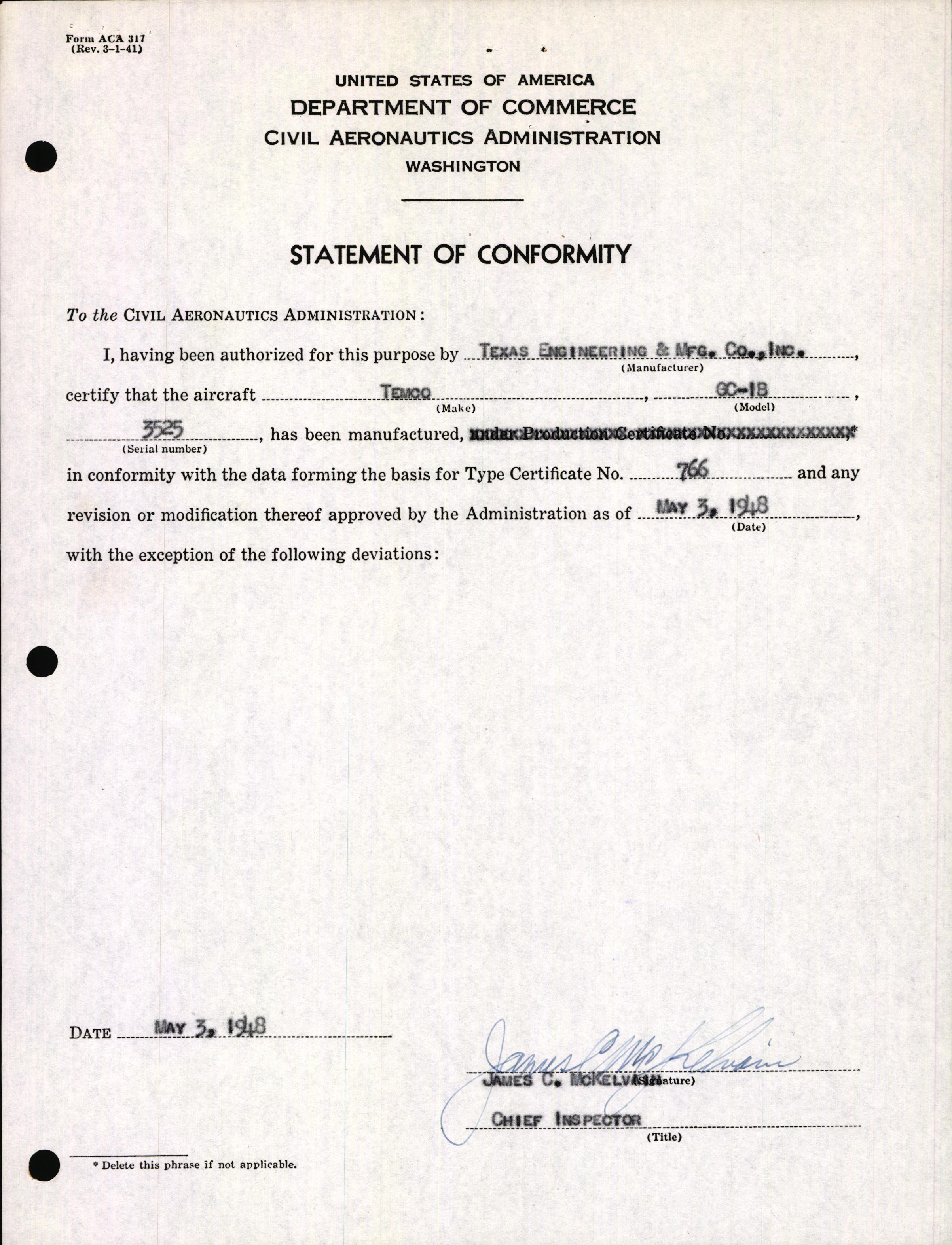 Sample page 3 from AirCorps Library document: Technical Information for Serial Number 3525