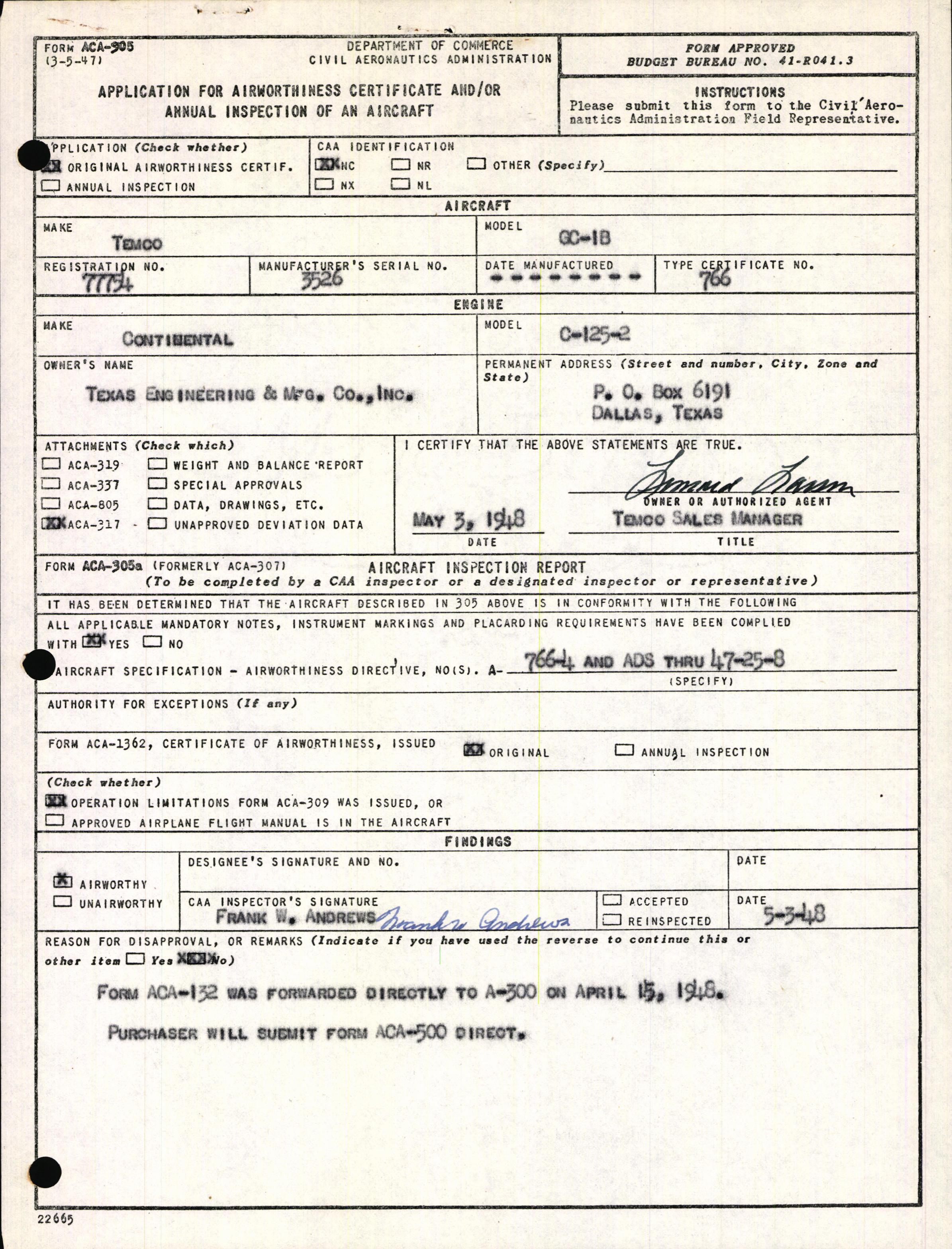 Sample page 1 from AirCorps Library document: Technical Information for Serial Number 3526