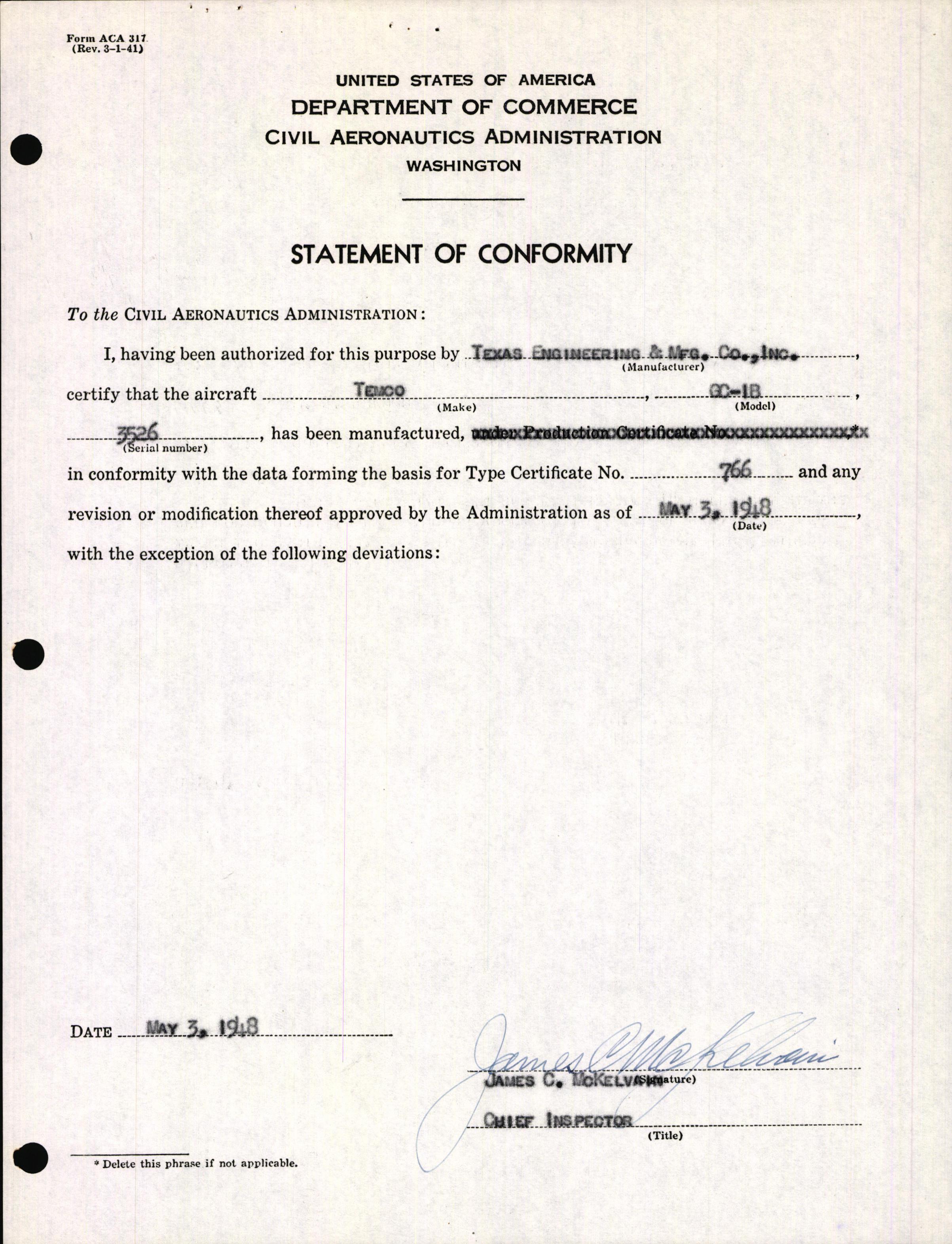 Sample page 3 from AirCorps Library document: Technical Information for Serial Number 3526