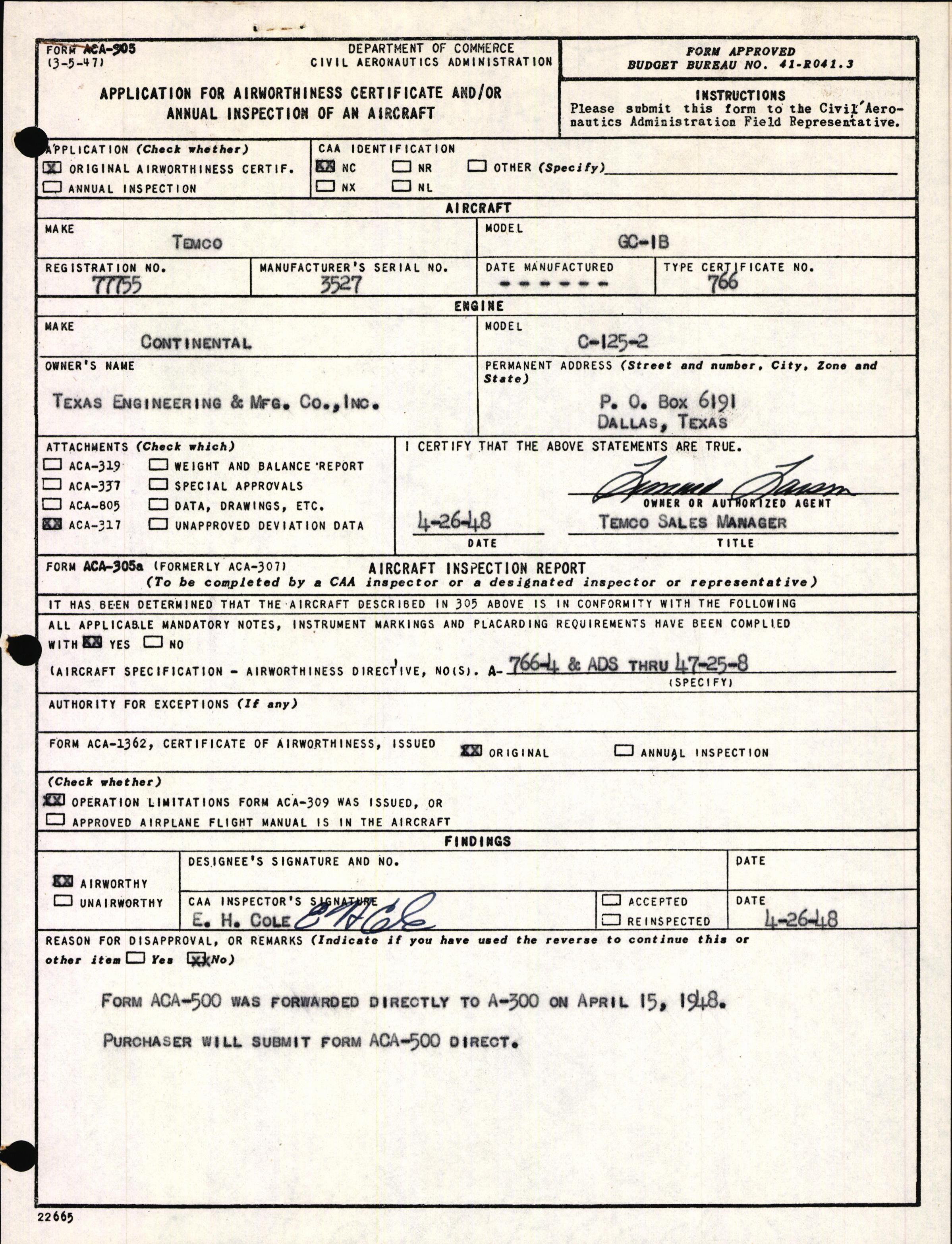 Sample page 1 from AirCorps Library document: Technical Information for Serial Number 3527