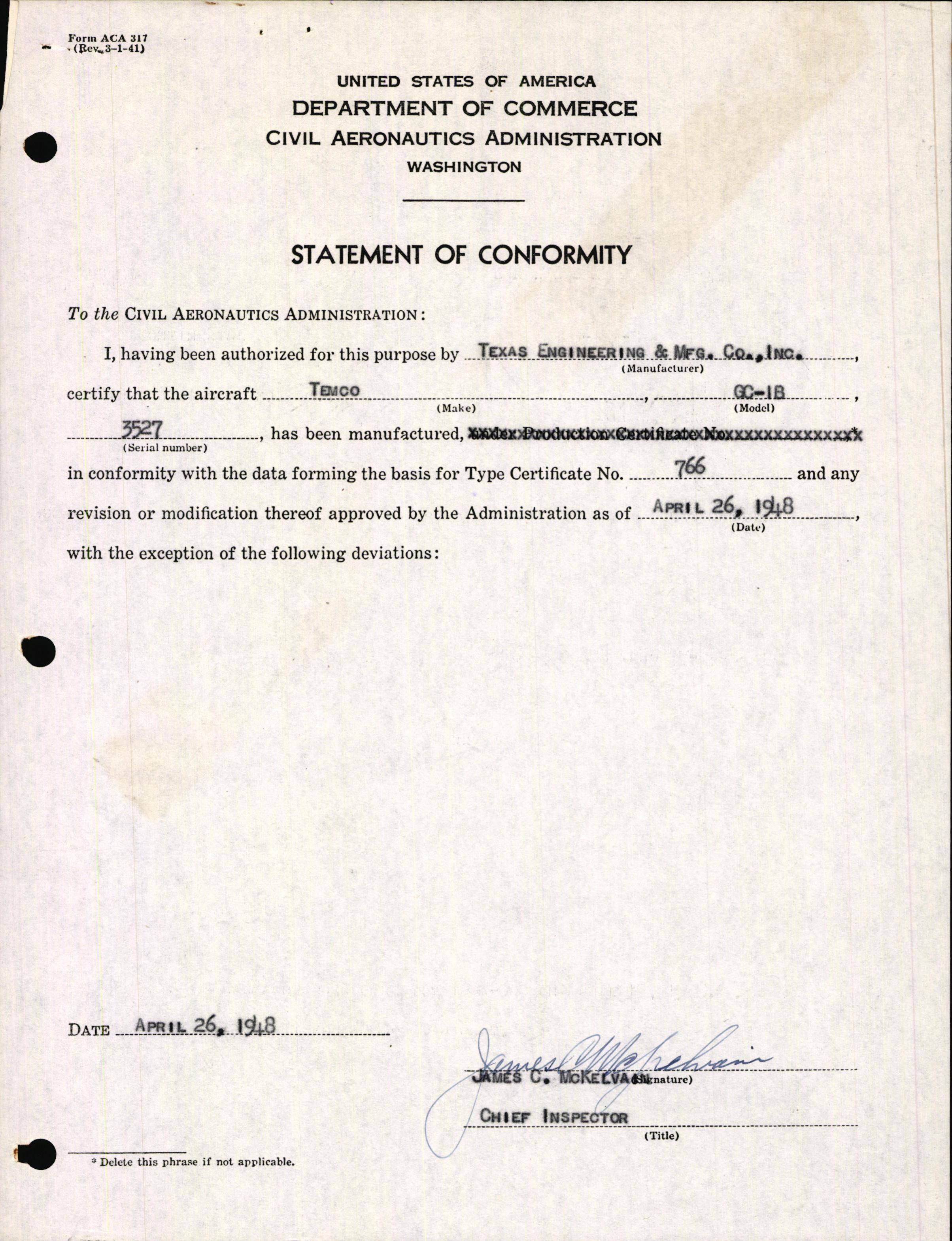 Sample page 3 from AirCorps Library document: Technical Information for Serial Number 3527