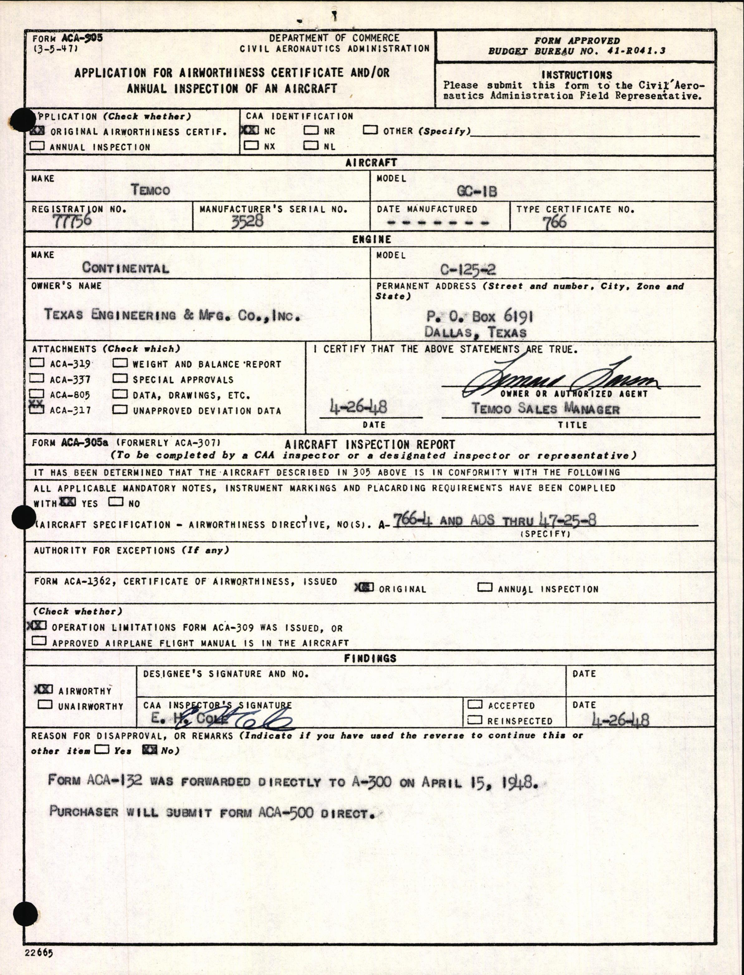 Sample page 1 from AirCorps Library document: Technical Information for Serial Number 3528