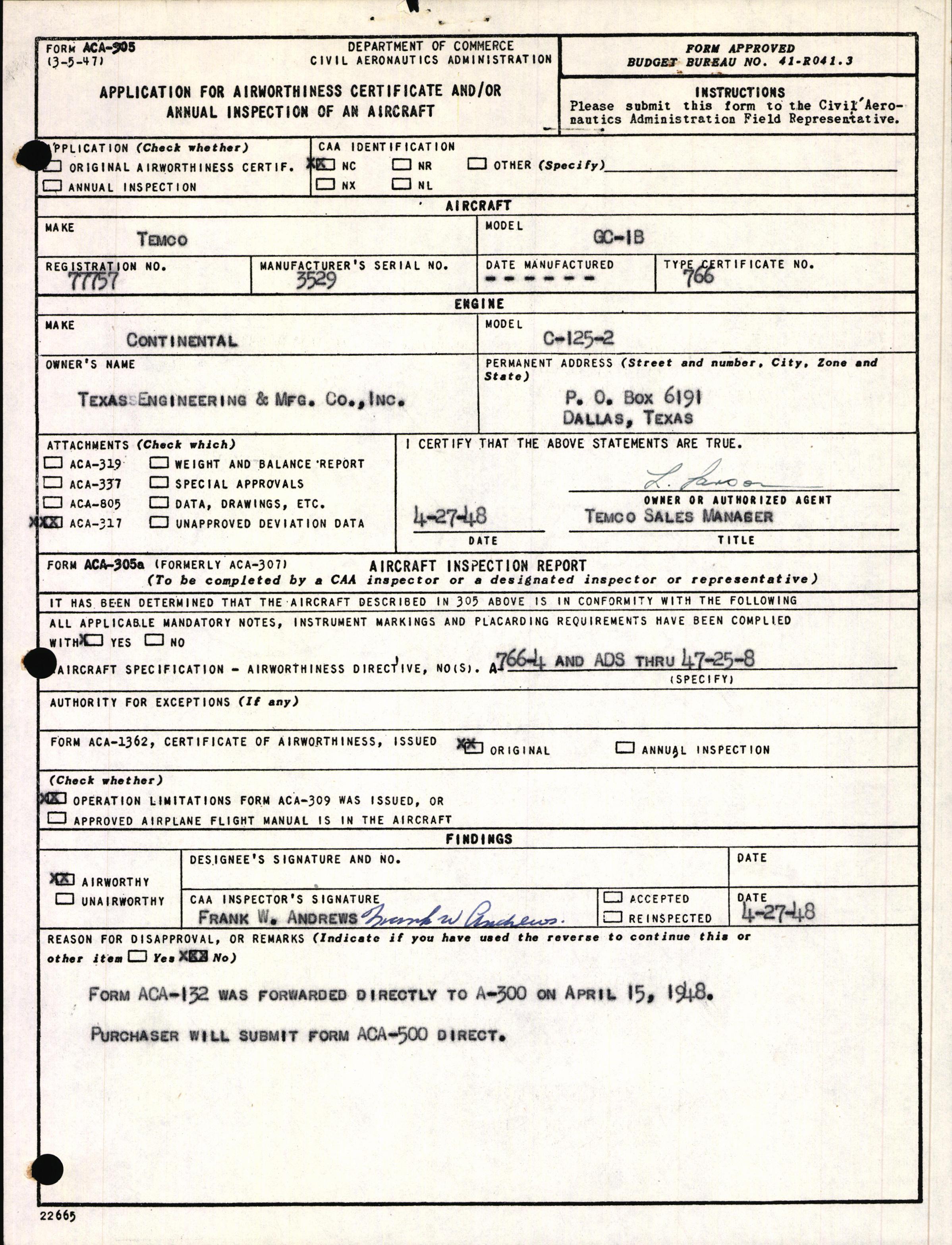 Sample page 1 from AirCorps Library document: Technical Information for Serial Number 3529