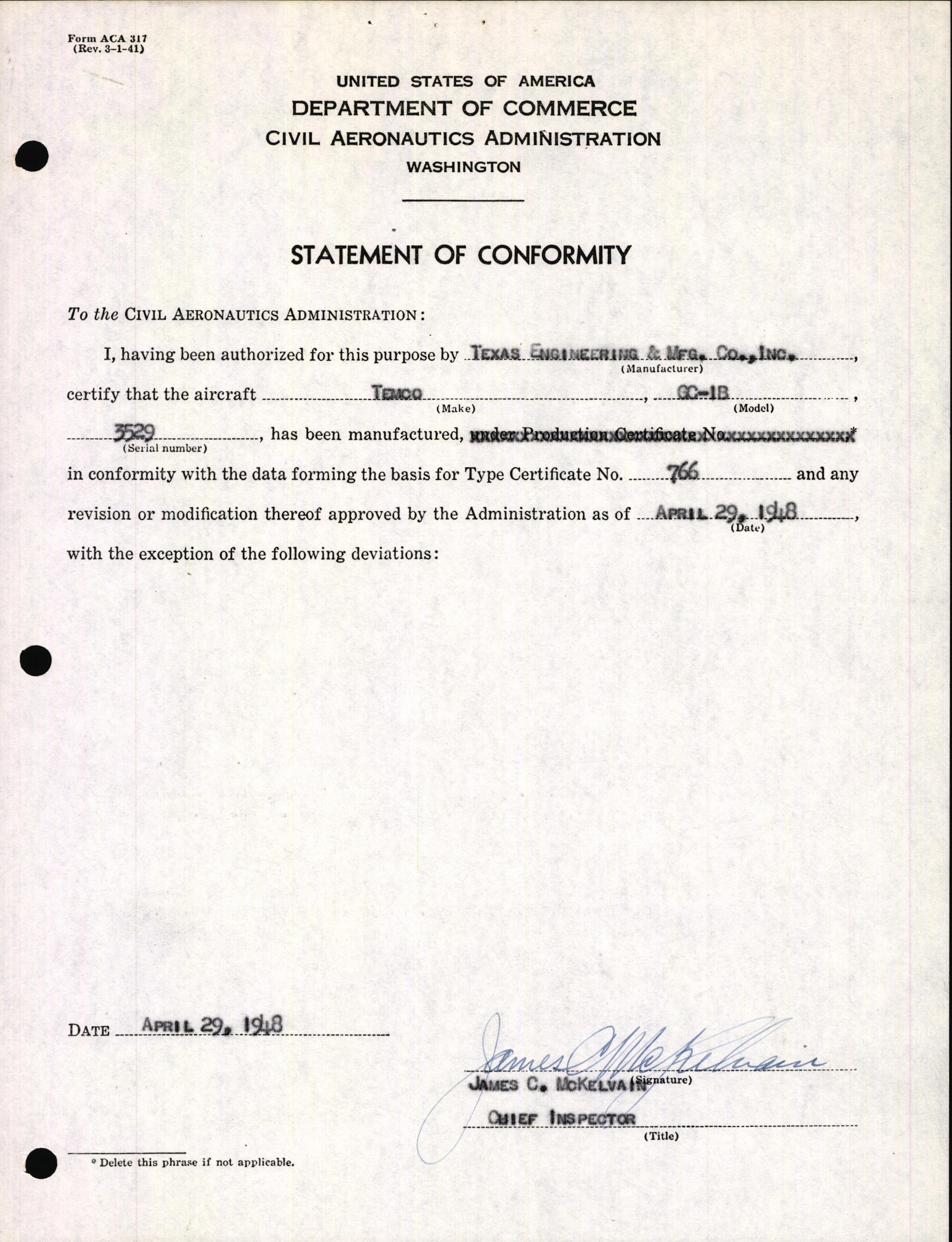 Sample page 3 from AirCorps Library document: Technical Information for Serial Number 3529