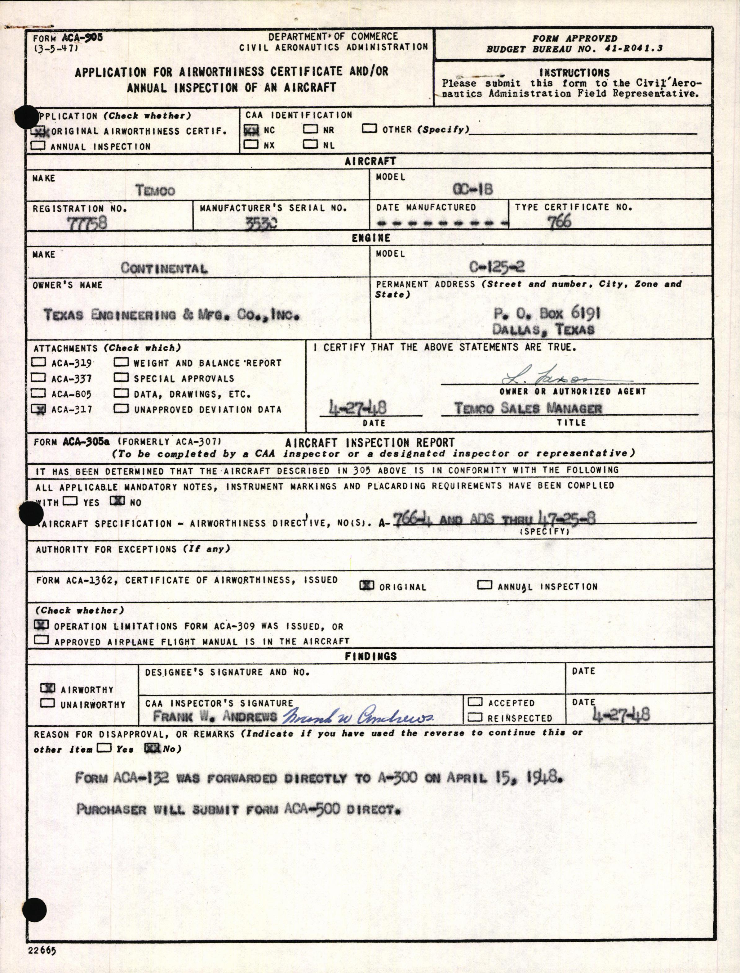 Sample page 1 from AirCorps Library document: Technical Information for Serial Number 3530