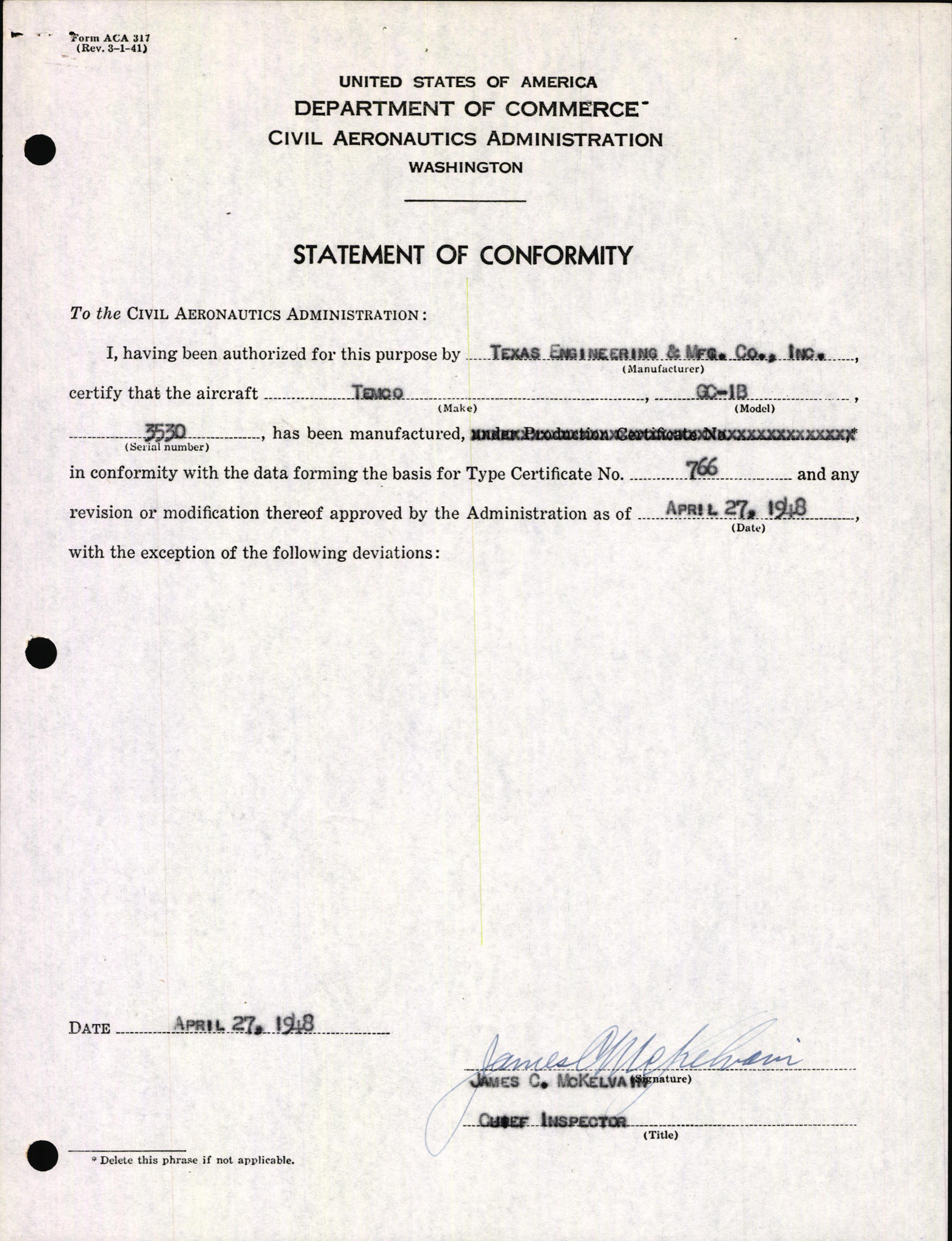 Sample page 3 from AirCorps Library document: Technical Information for Serial Number 3530