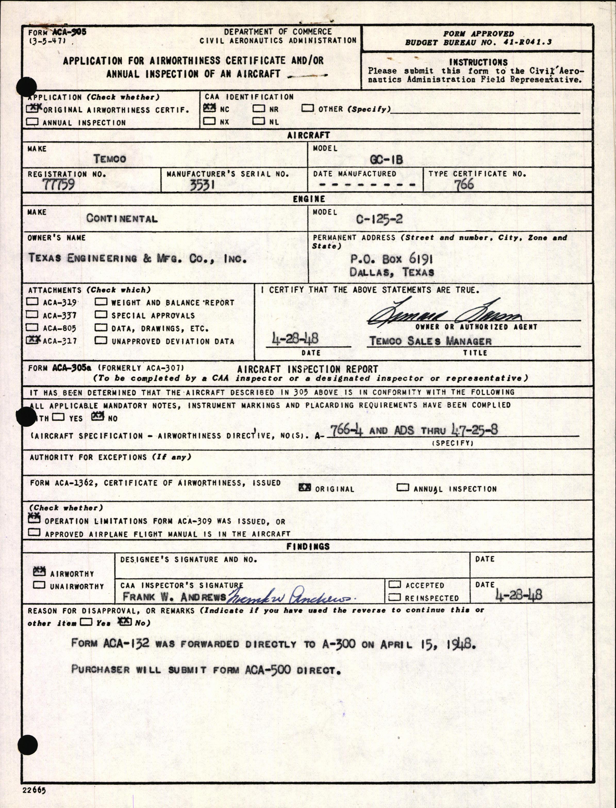 Sample page 1 from AirCorps Library document: Technical Information for Serial Number 3531