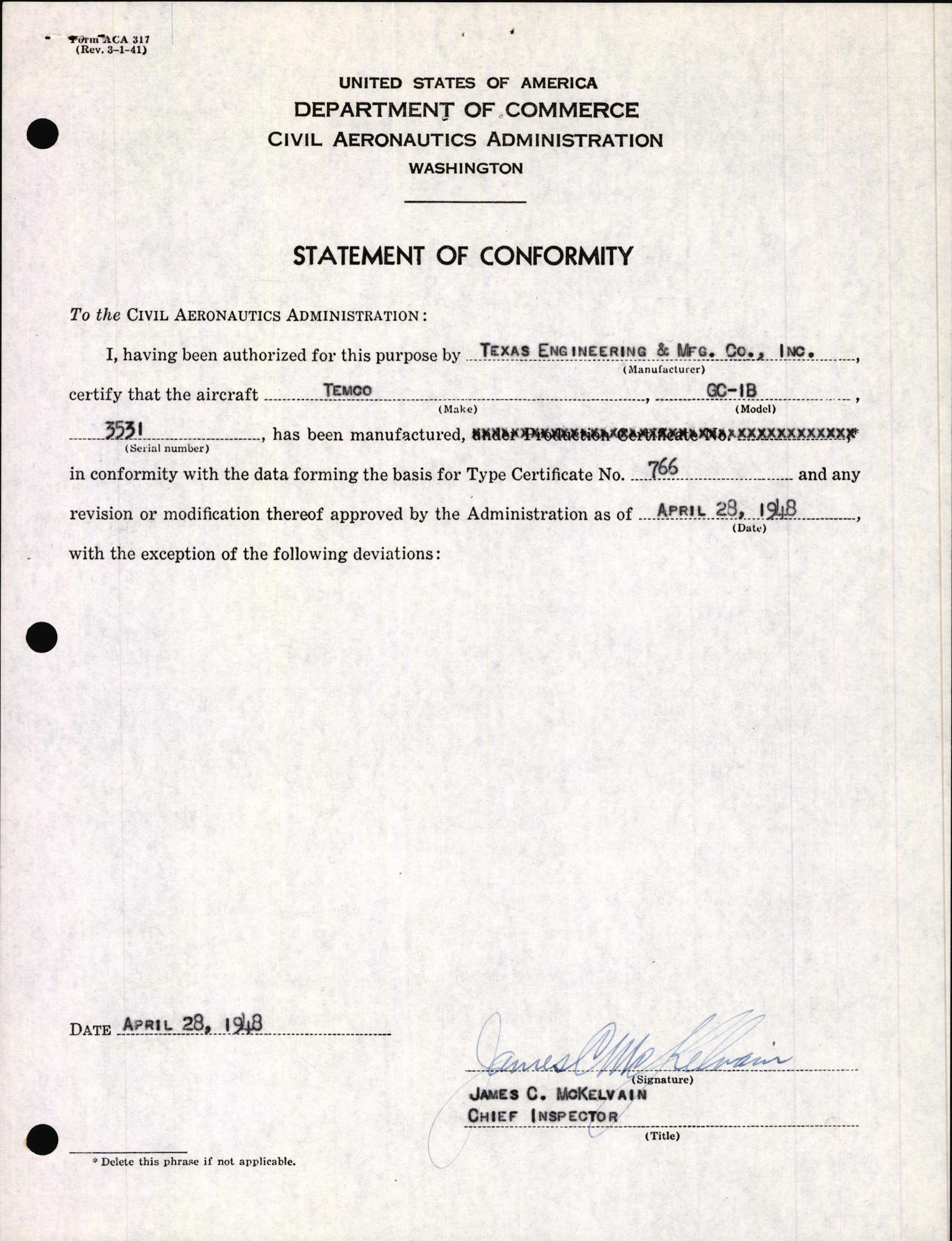 Sample page 3 from AirCorps Library document: Technical Information for Serial Number 3531