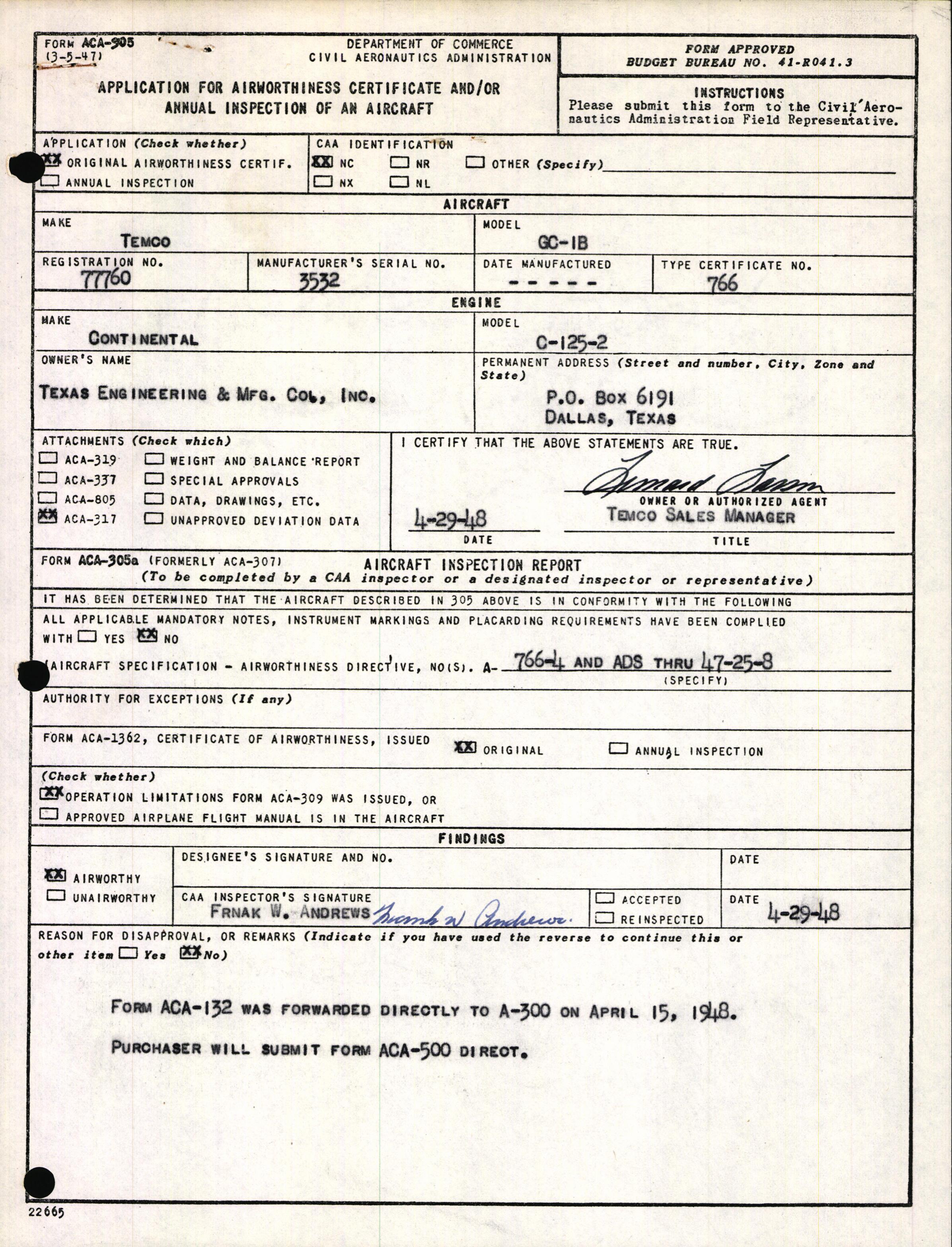 Sample page 1 from AirCorps Library document: Technical Information for Serial Number 3532