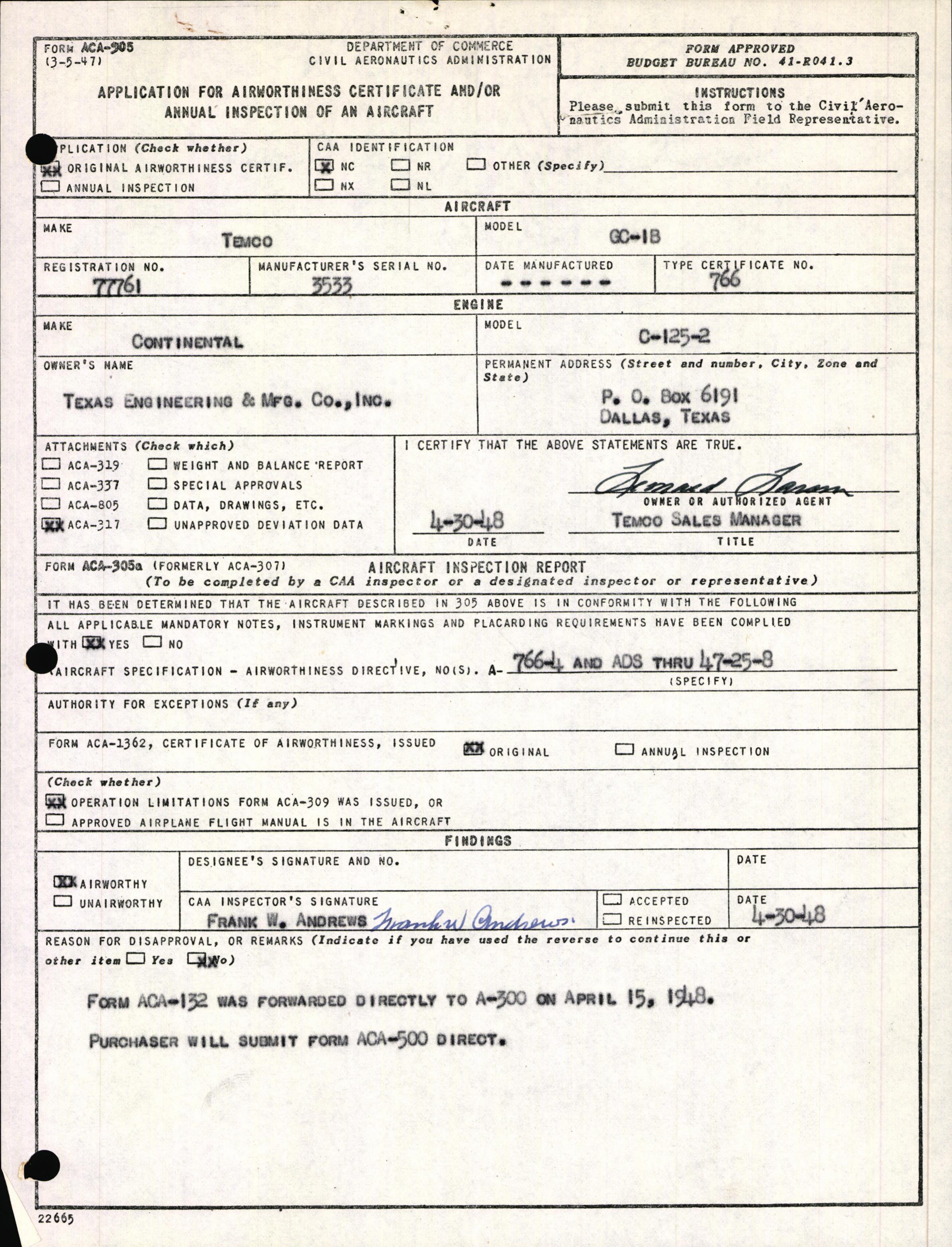 Sample page 1 from AirCorps Library document: Technical Information for Serial Number 3533