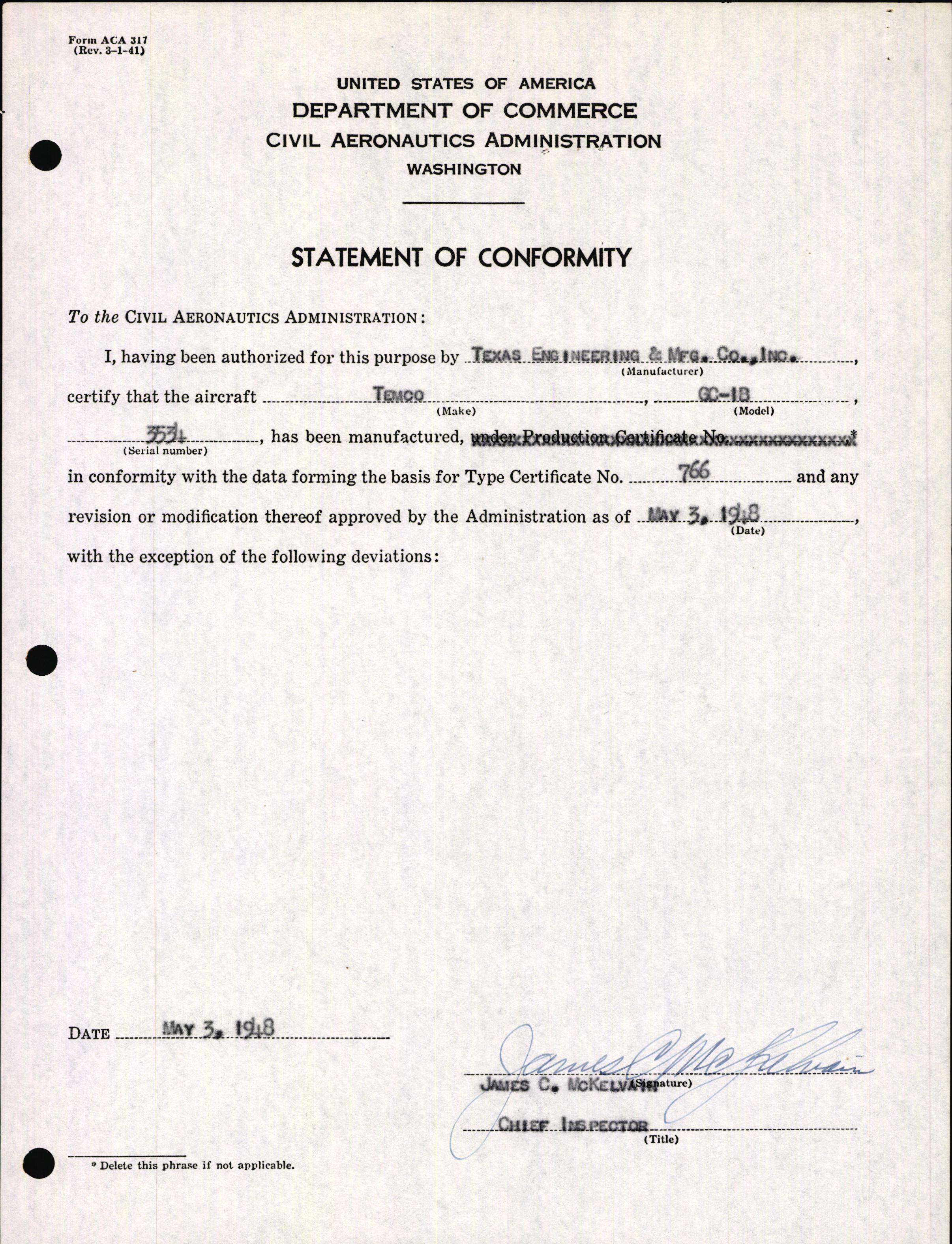 Sample page 3 from AirCorps Library document: Technical Information for Serial Number 3534