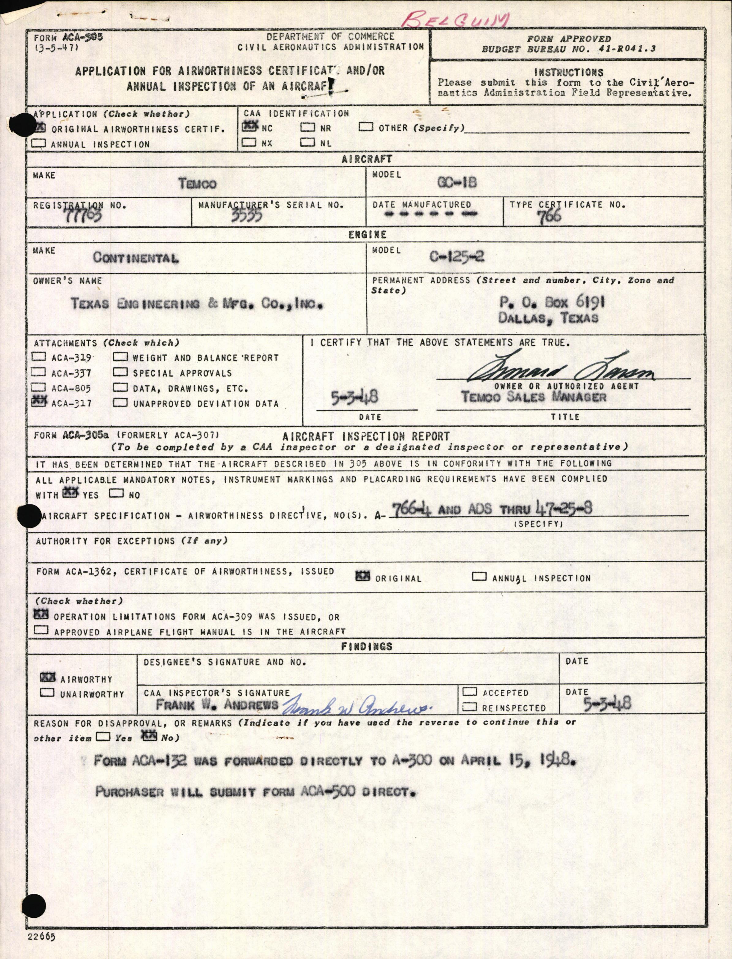 Sample page 1 from AirCorps Library document: Technical Information for Serial Number 3535