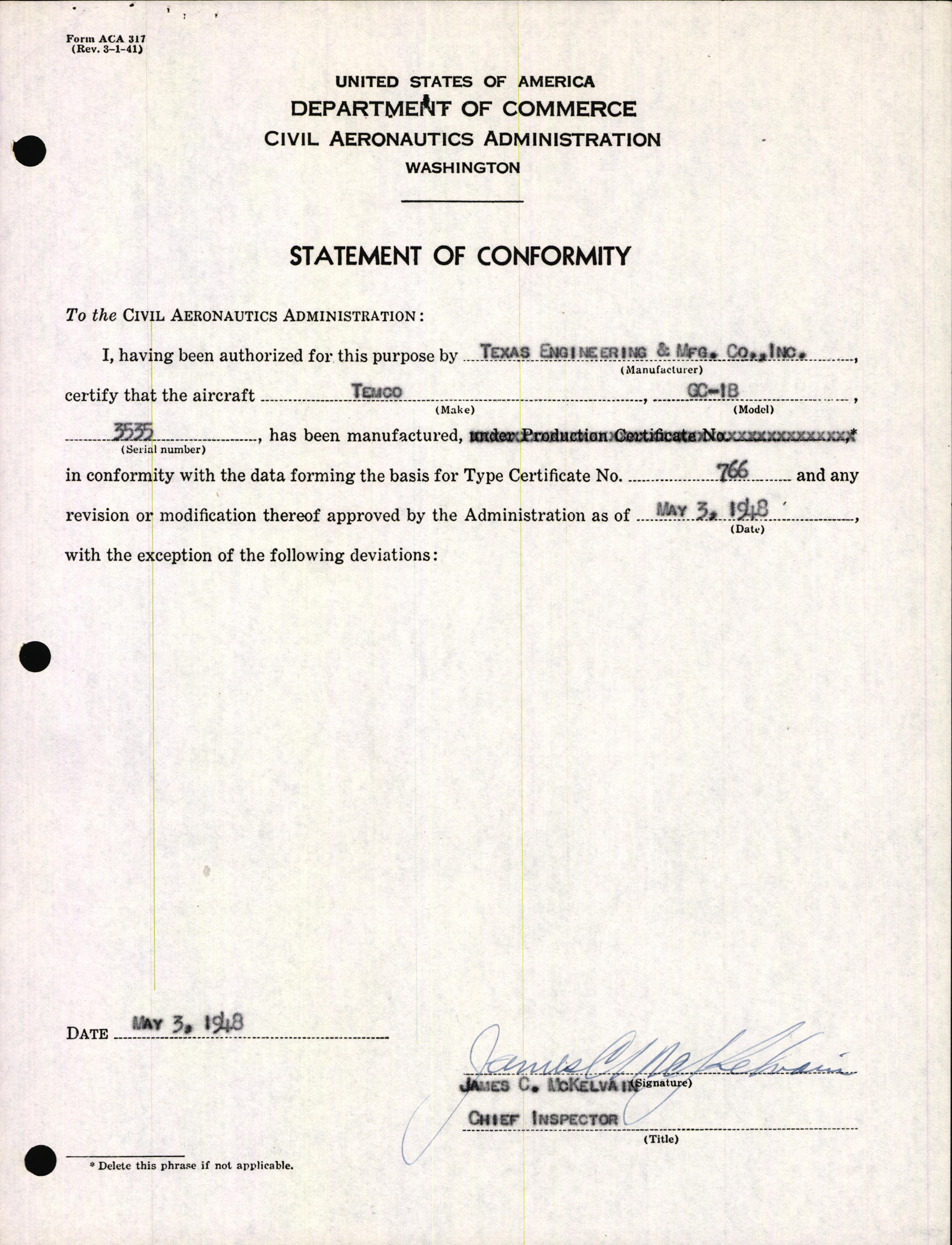 Sample page 3 from AirCorps Library document: Technical Information for Serial Number 3535