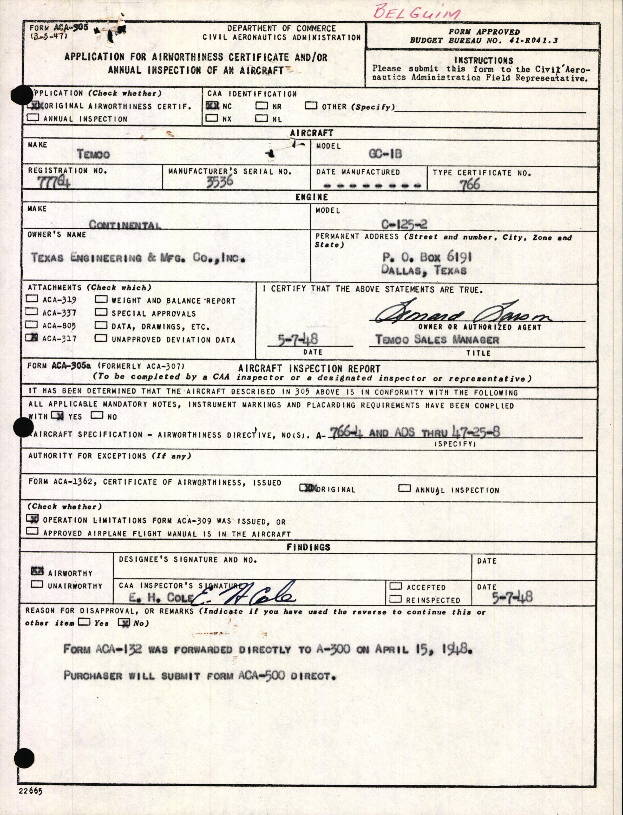 Sample page 1 from AirCorps Library document: Technical Information for Serial Number 3536