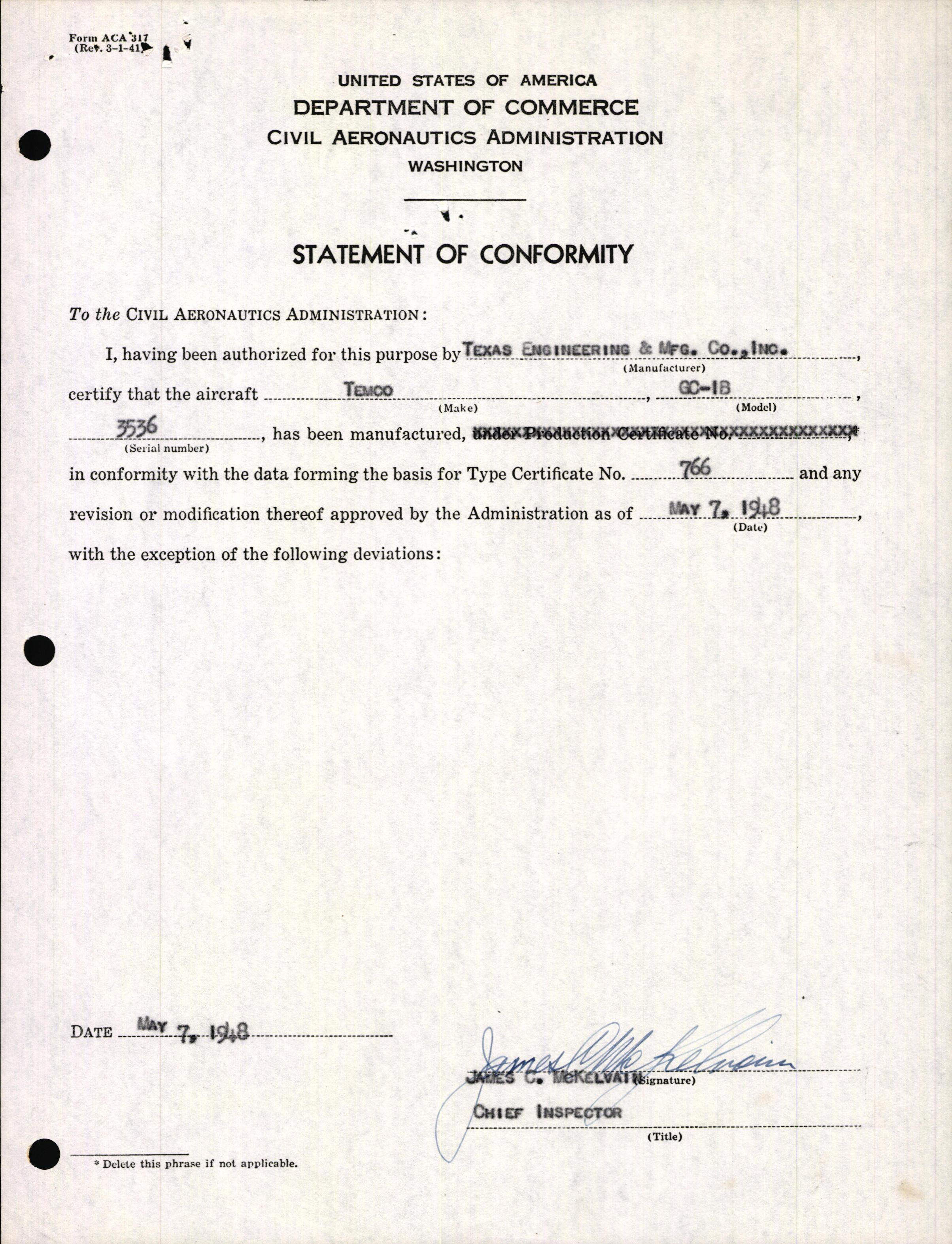 Sample page 3 from AirCorps Library document: Technical Information for Serial Number 3536