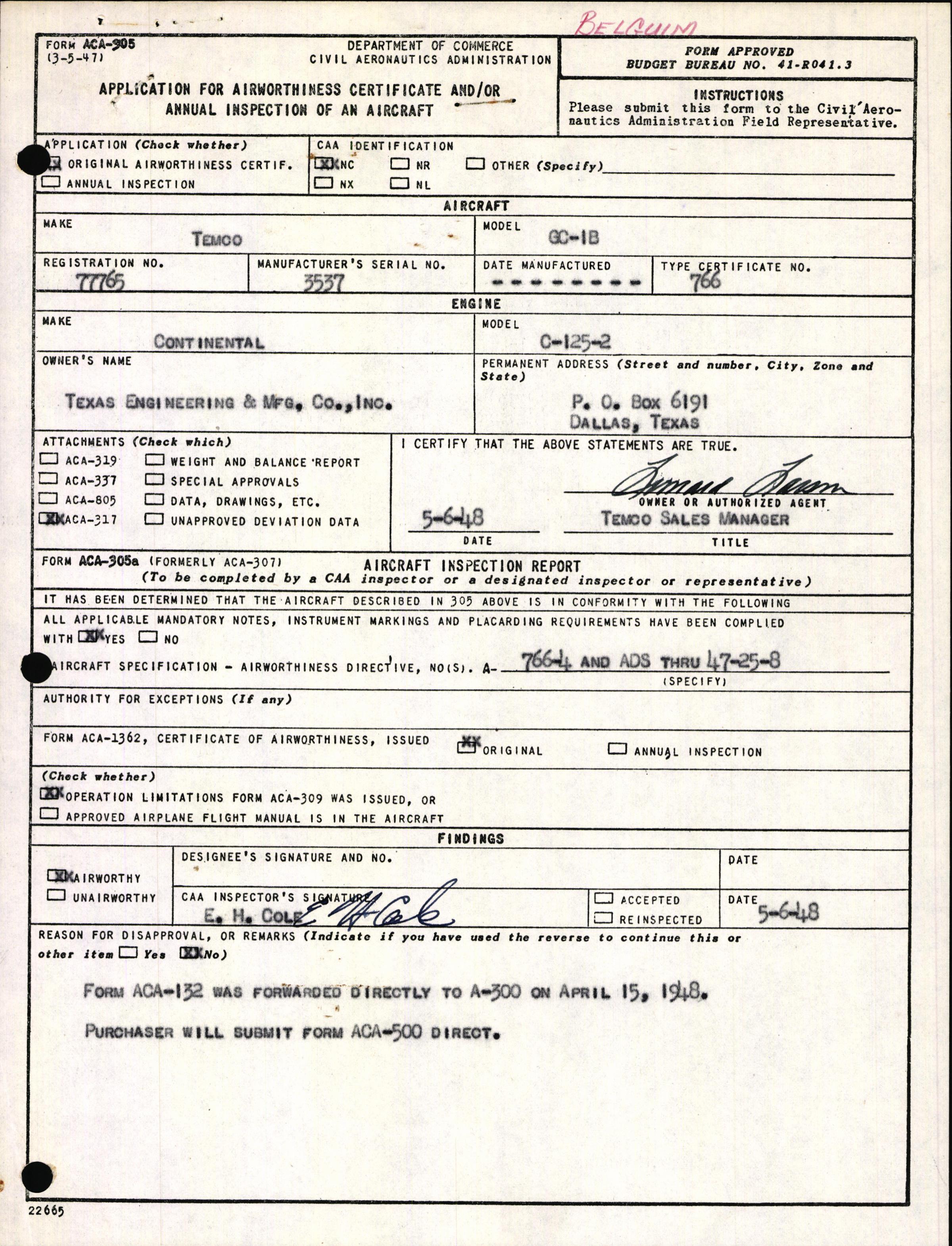 Sample page 1 from AirCorps Library document: Technical Information for Serial Number 3537