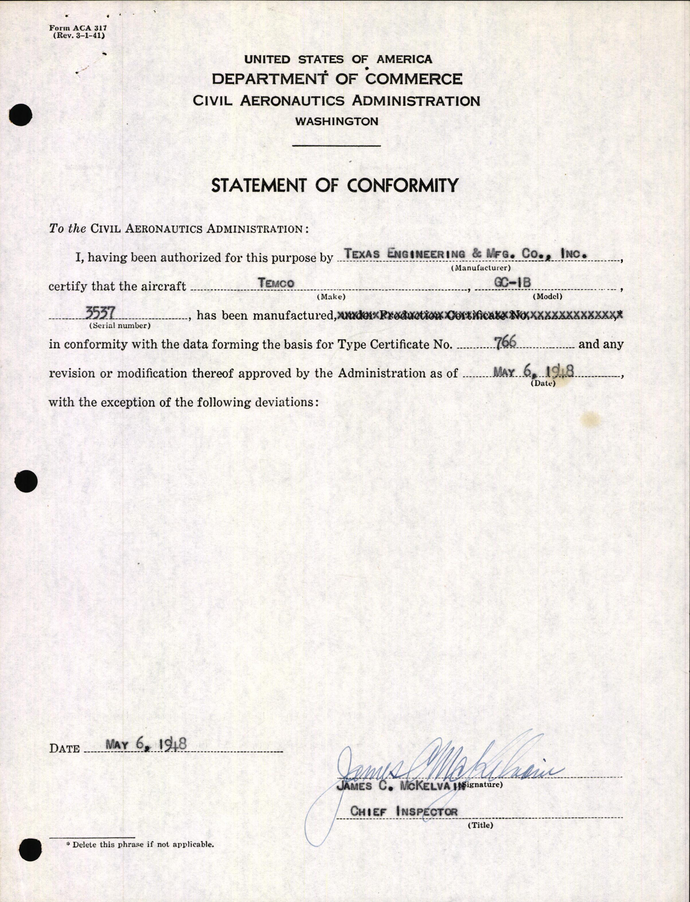 Sample page 3 from AirCorps Library document: Technical Information for Serial Number 3537