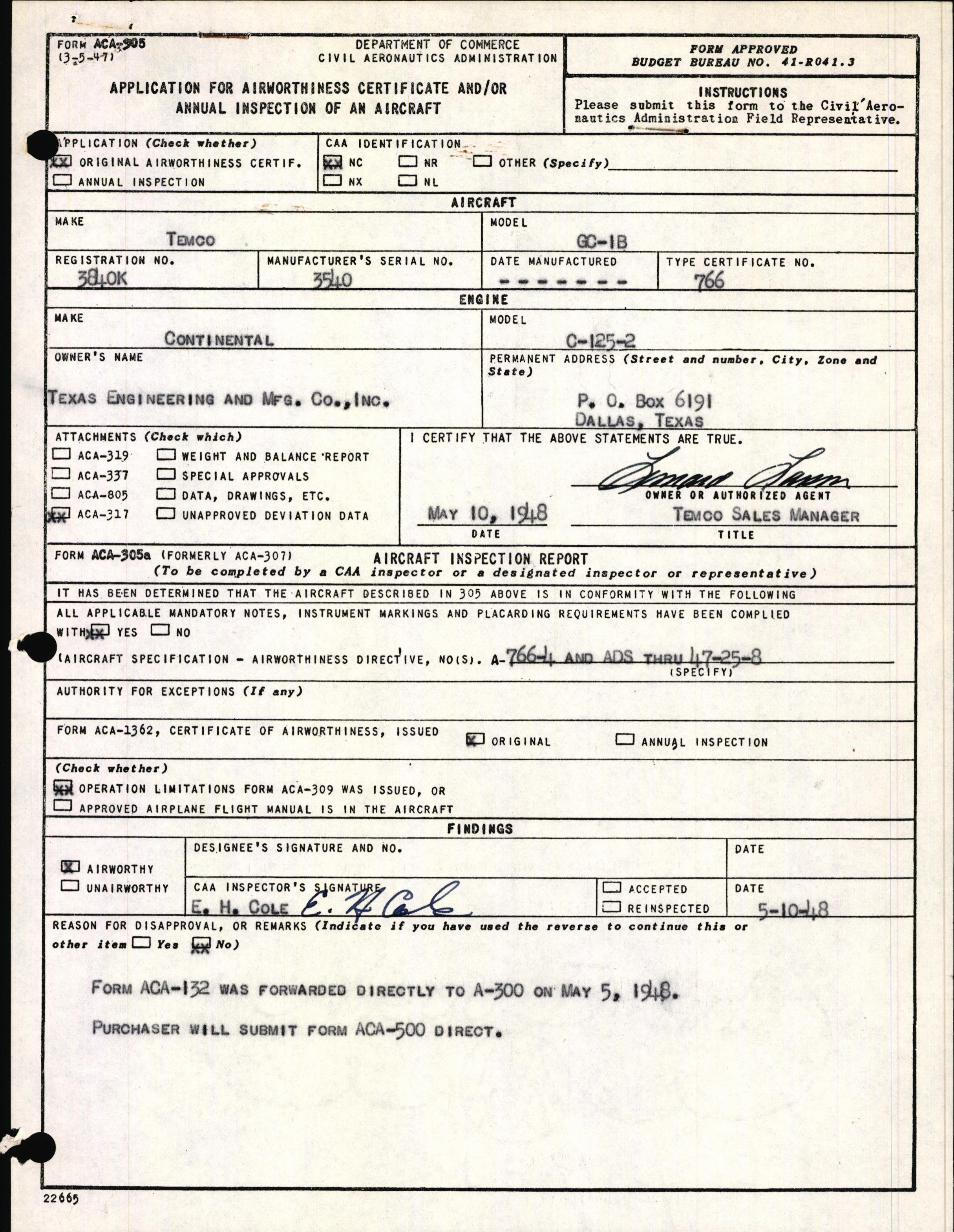 Sample page 1 from AirCorps Library document: Technical Information for Serial Number 3540