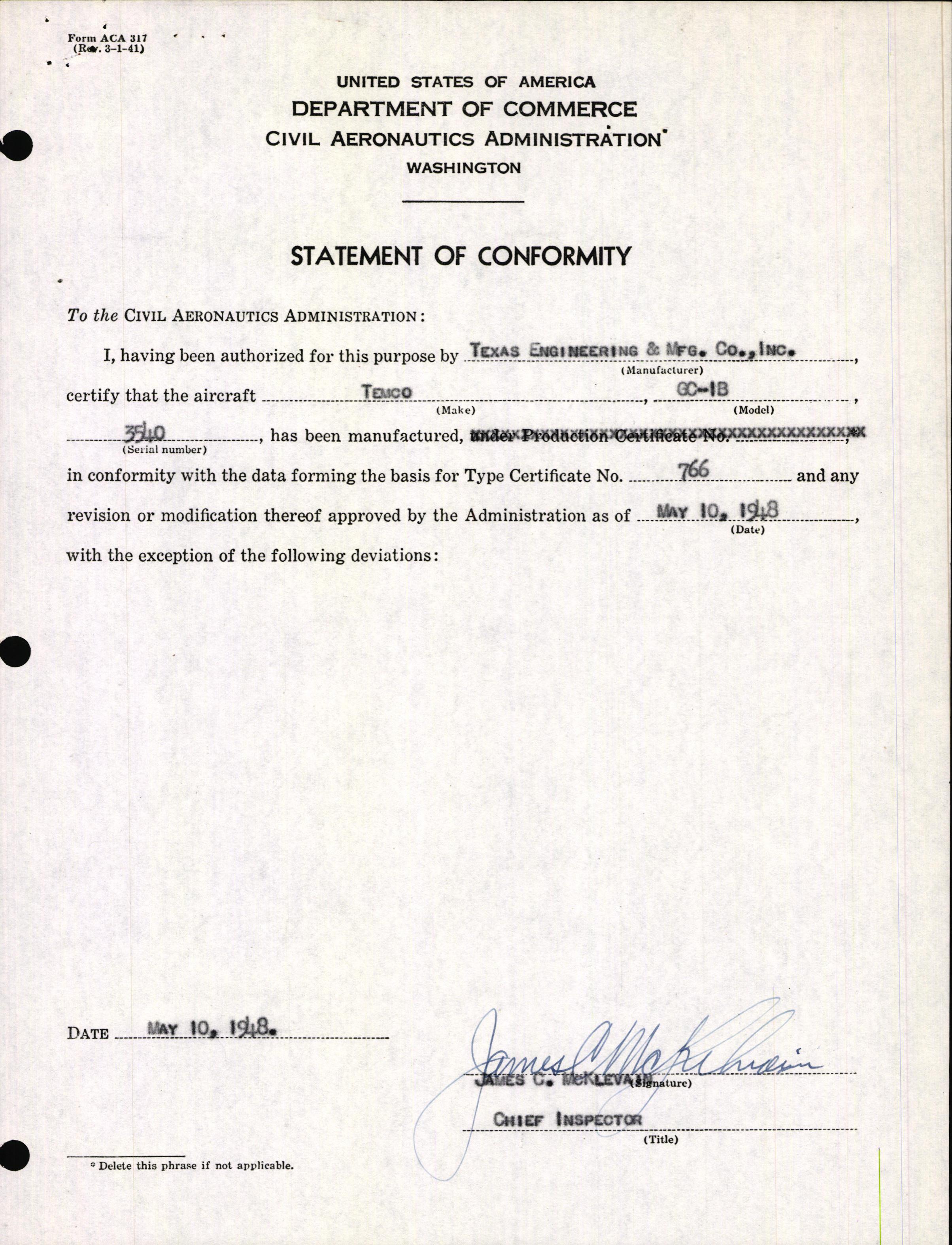 Sample page 3 from AirCorps Library document: Technical Information for Serial Number 3540