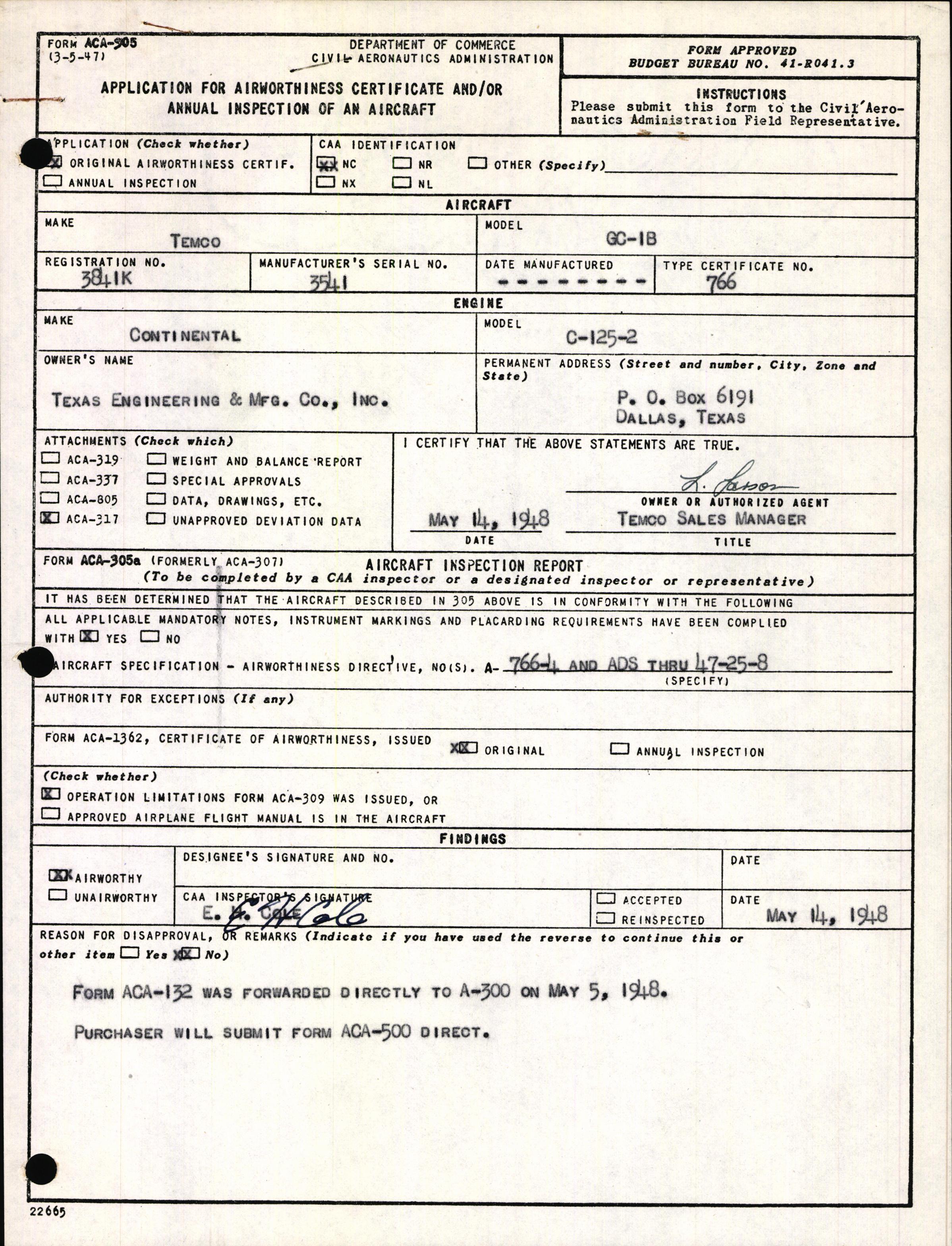 Sample page 1 from AirCorps Library document: Technical Information for Serial Number 3541