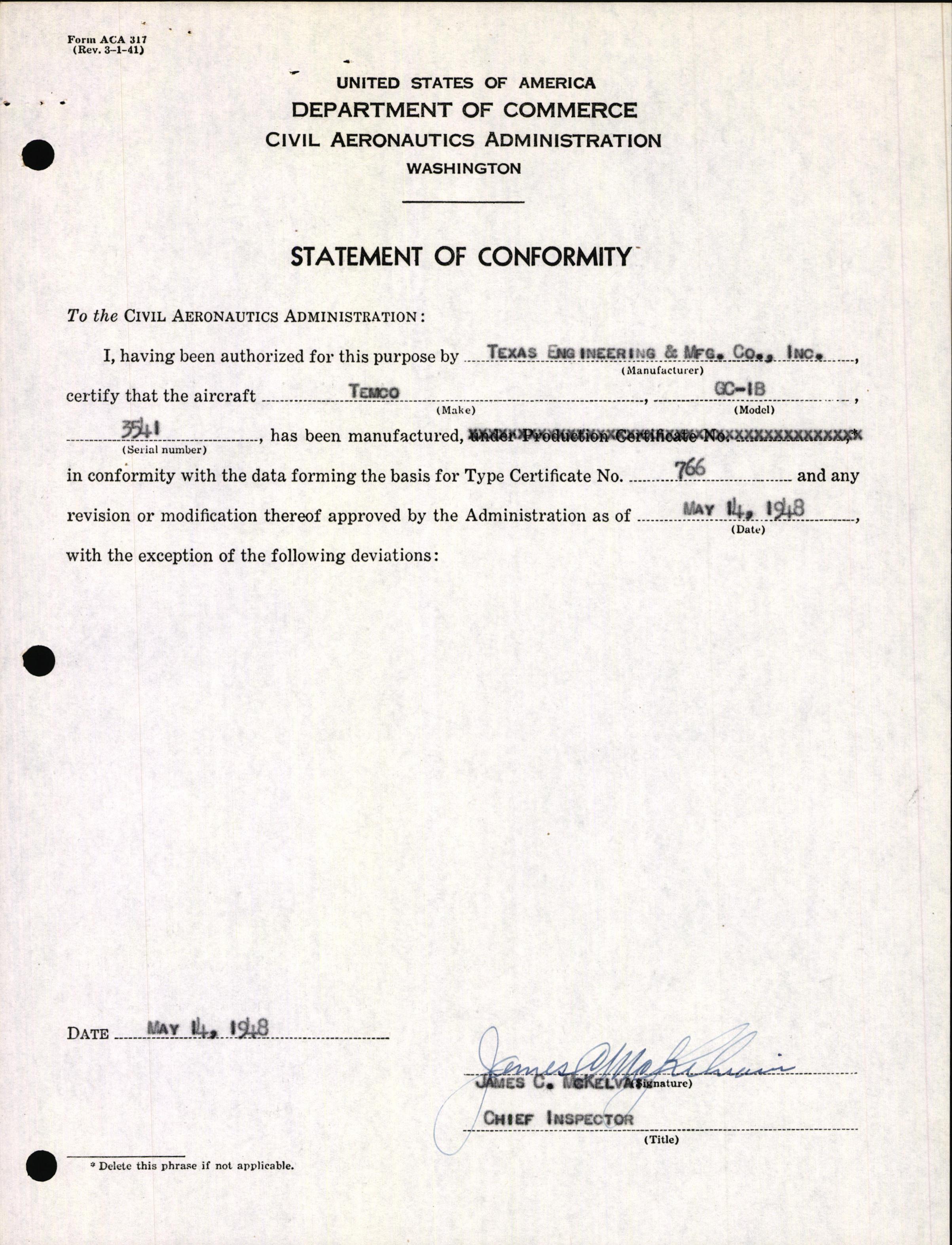 Sample page 3 from AirCorps Library document: Technical Information for Serial Number 3541