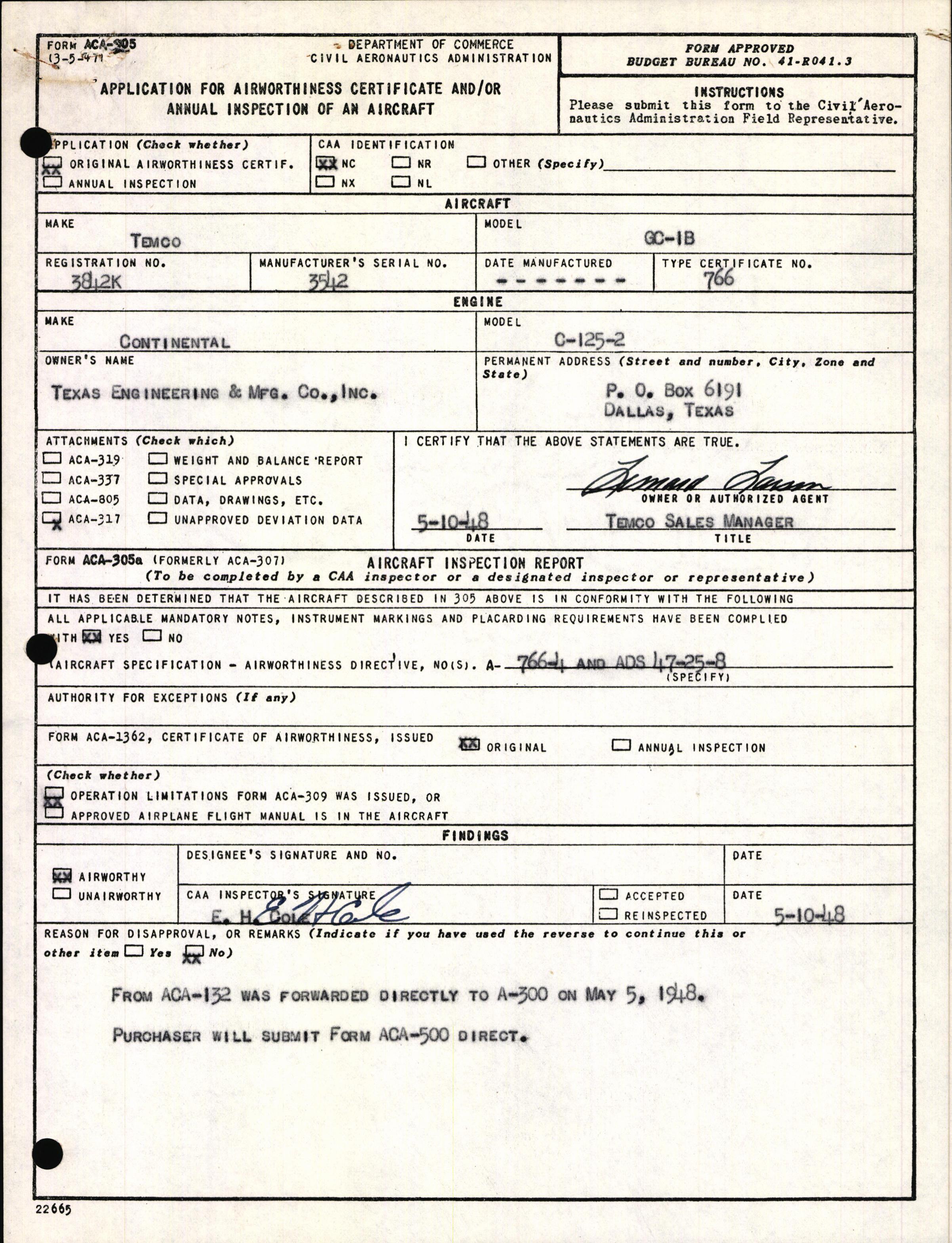 Sample page 1 from AirCorps Library document: Technical Information for Serial Number 3542